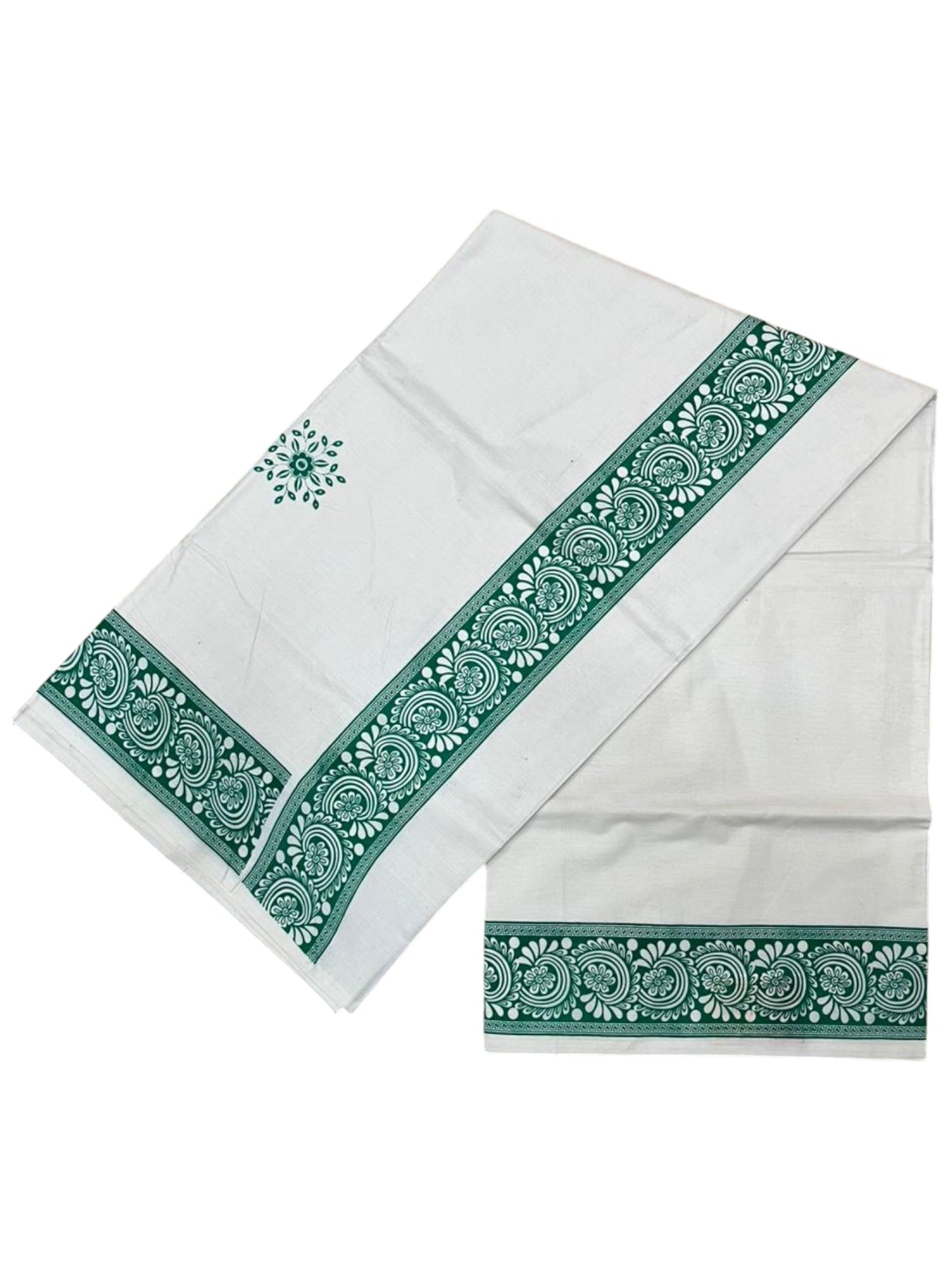 Southloom Kerala Cotton Saree with With Floral Digital Prints on Body and Borders in Green SL475