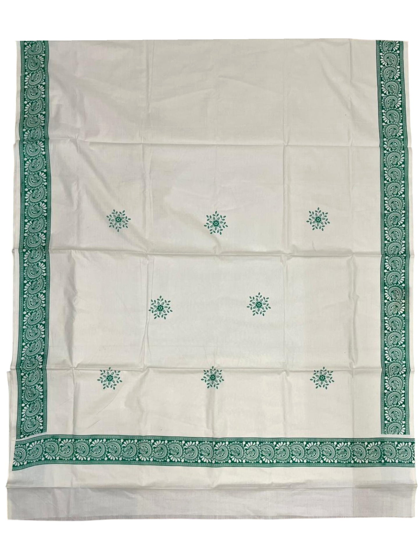 Southloom Kerala Cotton Saree with With Floral Digital Prints on Body and Borders in Green SL475