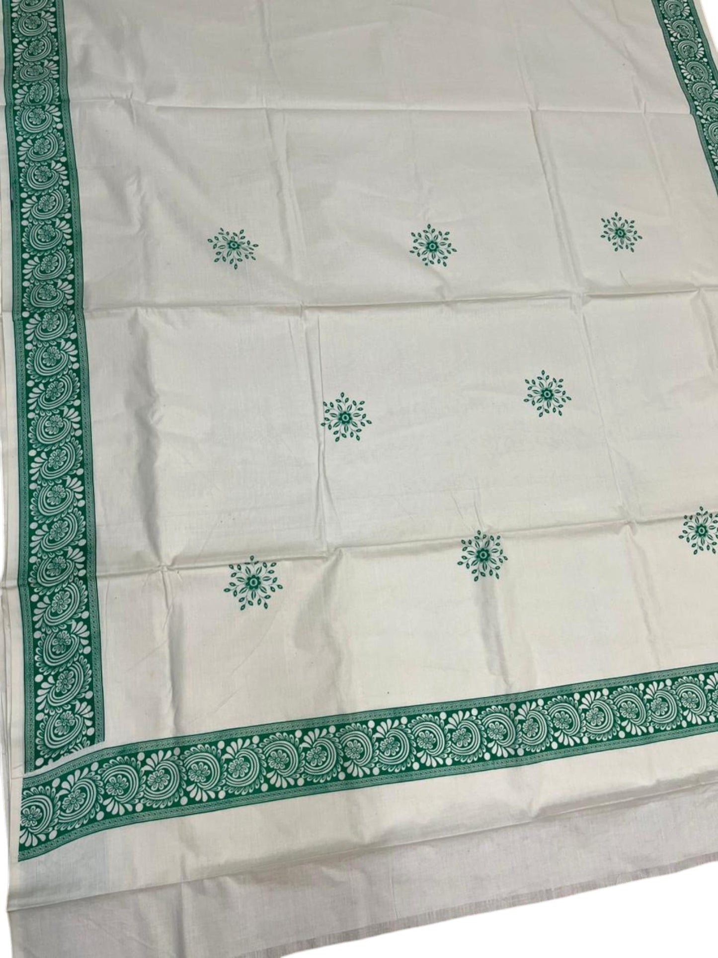 Southloom Kerala Cotton Saree with With Floral Digital Prints on Body and Borders in Green SL475