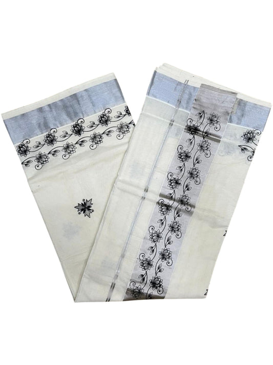 Southloom Pure Cotton Silver Kasavu Saree with Black Floral Digital Prints on Body and Borders