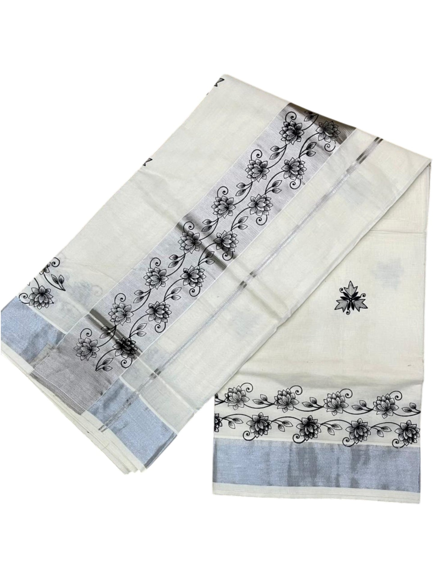 Southloom Pure Cotton Silver Kasavu Saree with Black Floral Digital Prints on Body and Borders