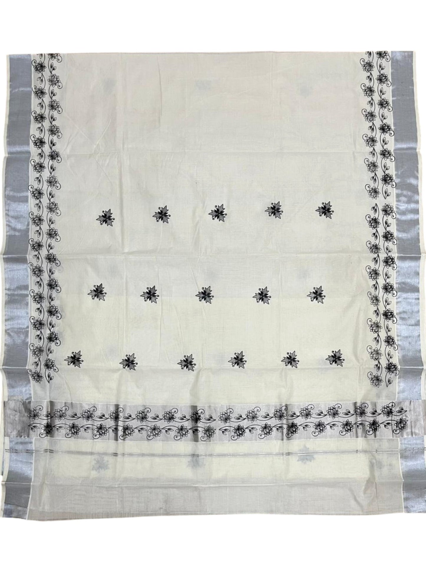 Southloom Pure Cotton Silver Kasavu Saree with Black Floral Digital Prints on Body and Borders
