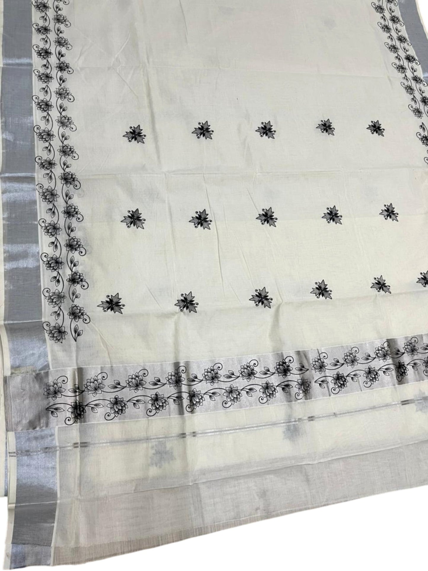 Southloom Pure Cotton Silver Kasavu Saree with Black Floral Digital Prints on Body and Borders