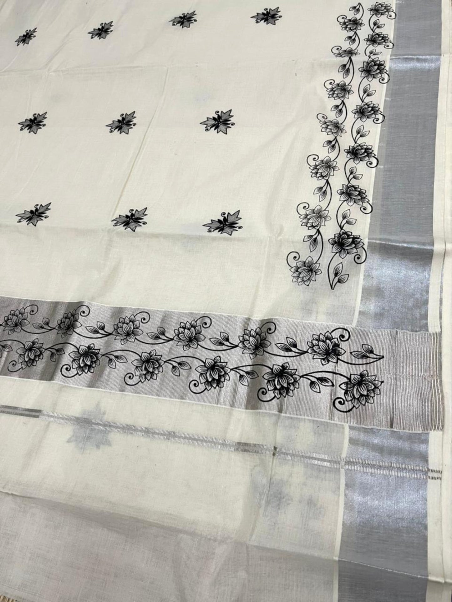 Southloom Pure Cotton Silver Kasavu Saree with Black Floral Digital Prints on Body and Borders
