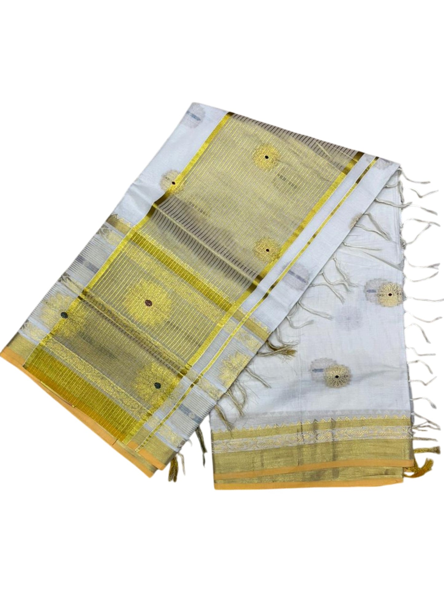 Southloom Pure Cotton Kerala Kasavu Heavy Work Saree with Paisley Floral Woven Design on Body and Temple Border SL479