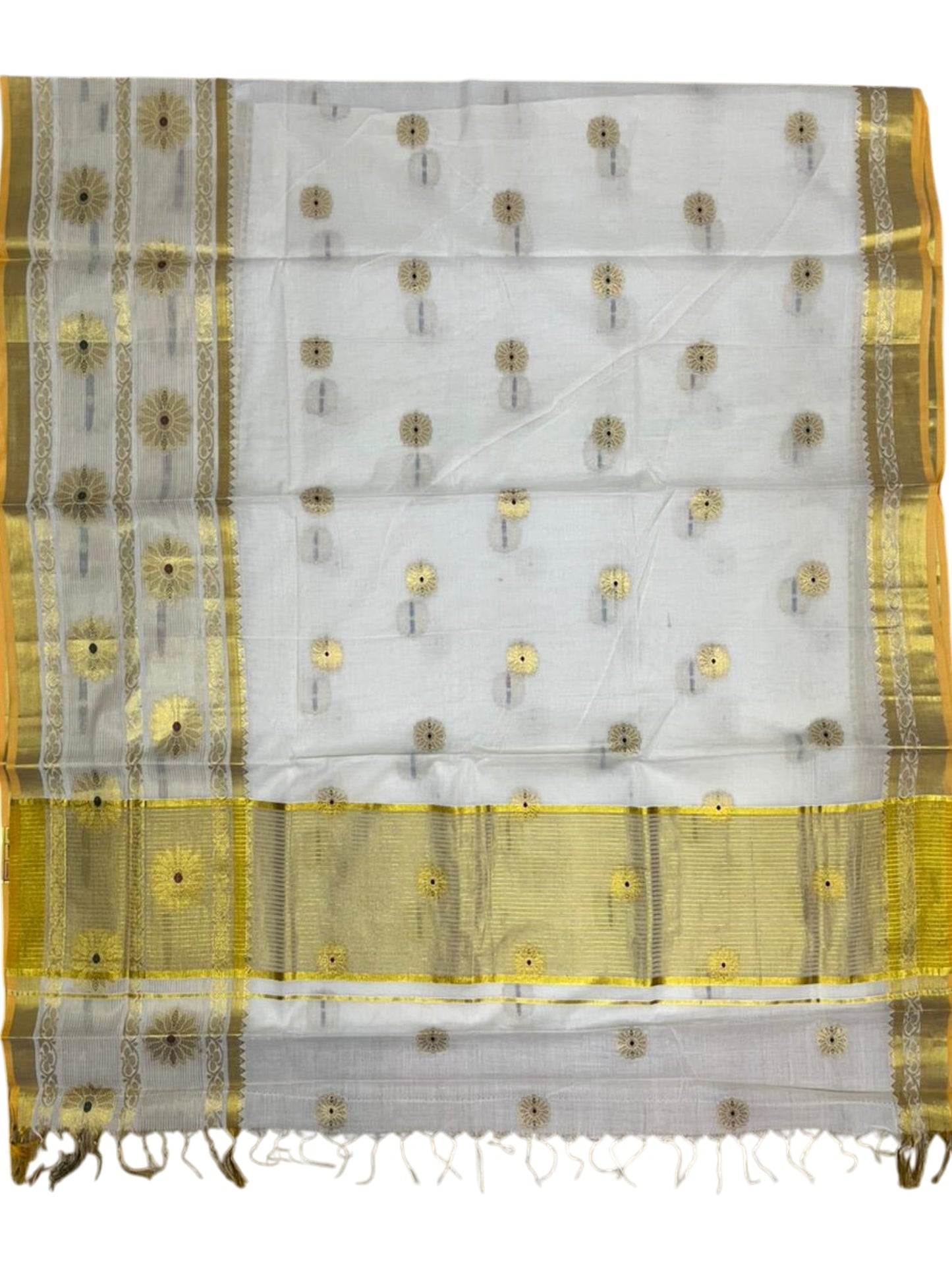 Southloom Pure Cotton Kerala Kasavu Heavy Work Saree with Paisley Floral Woven Design on Body and Temple Border SL479