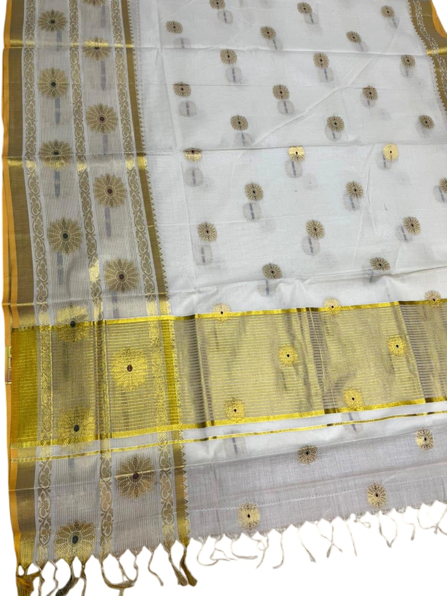 Southloom Pure Cotton Kerala Kasavu Heavy Work Saree with Paisley Floral Woven Design on Body and Temple Border SL479