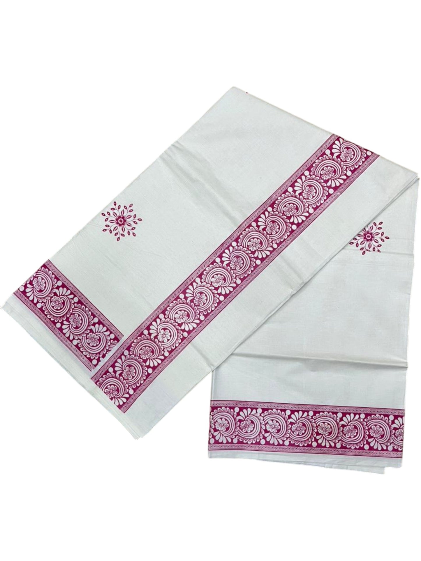Southloom Kerala Cotton Saree with With Floral Digital Prints on Body and Borders in Pink SL475