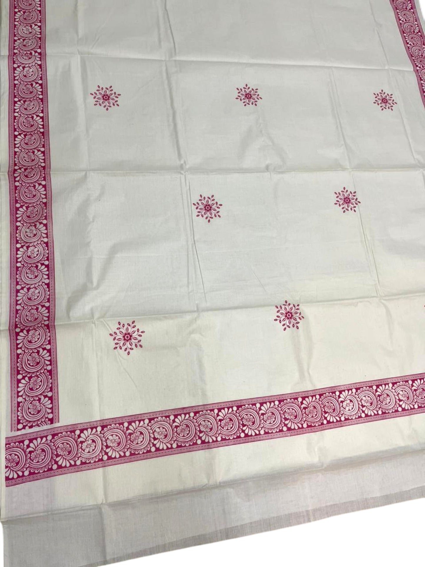 Southloom Kerala Cotton Saree with With Floral Digital Prints on Body and Borders in Pink SL475