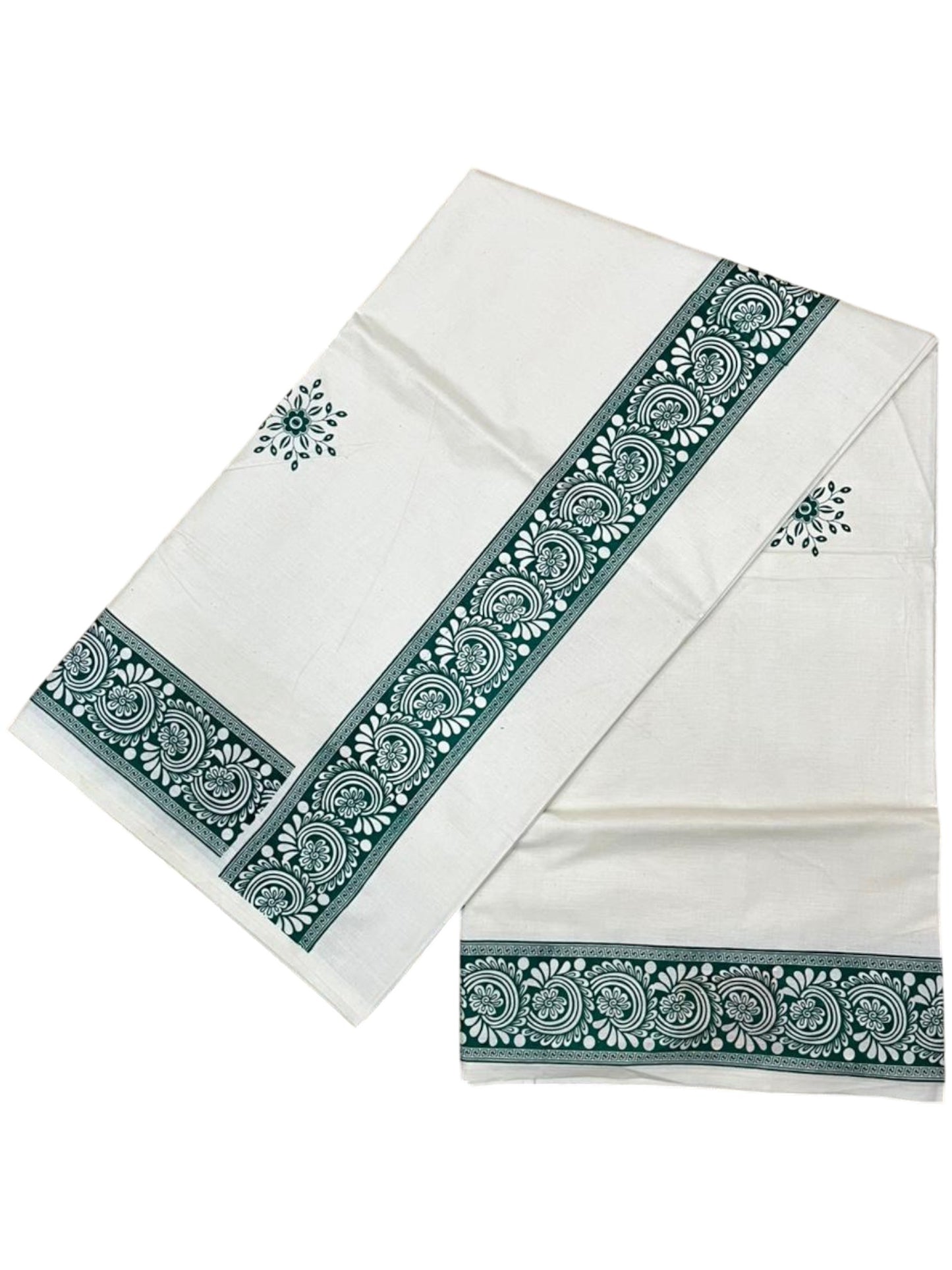 Southloom Kerala Cotton Saree with With Floral Digital Prints on Body and Borders in Green SL475