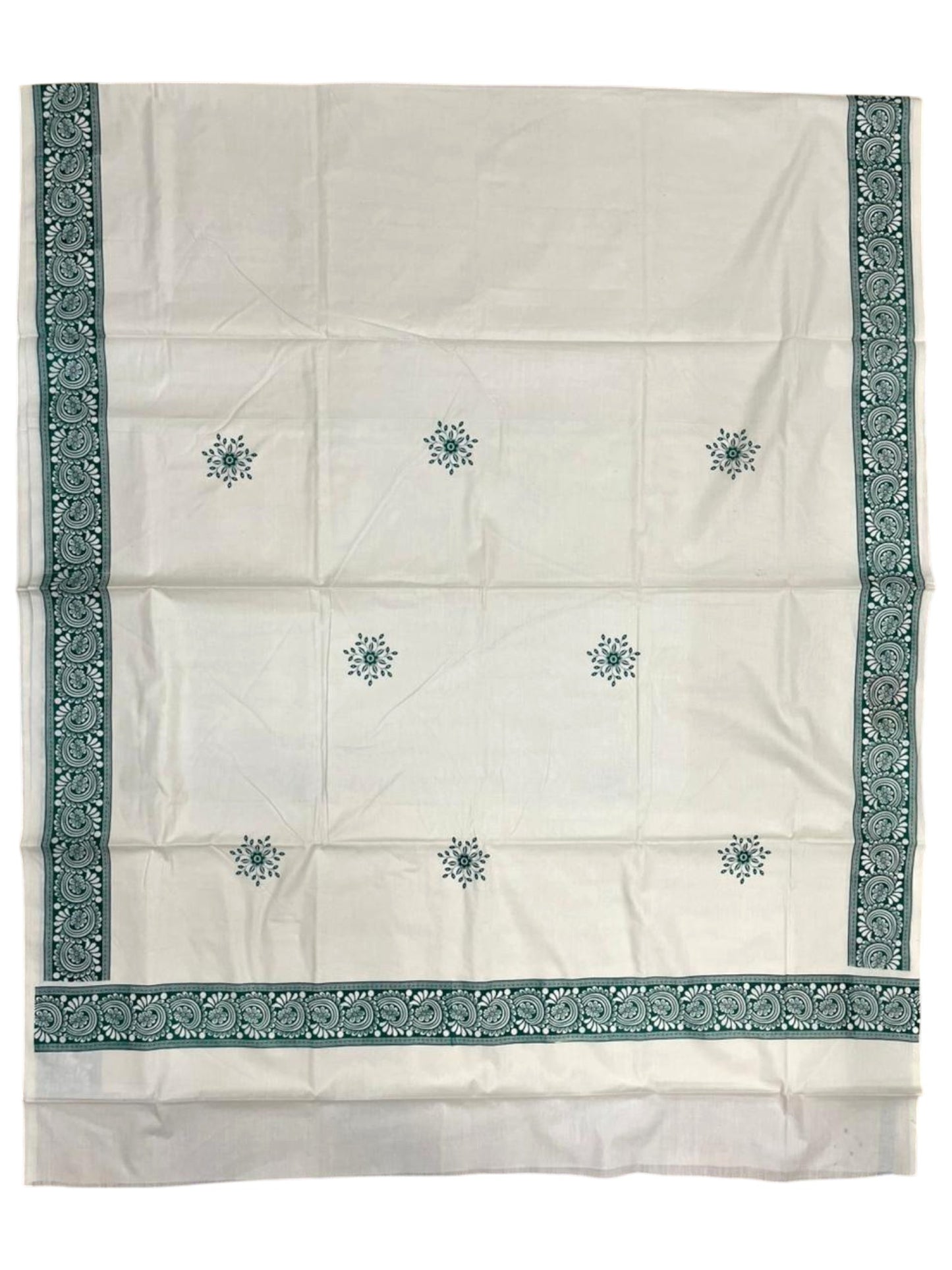 Southloom Kerala Cotton Saree with With Floral Digital Prints on Body and Borders in Green SL475