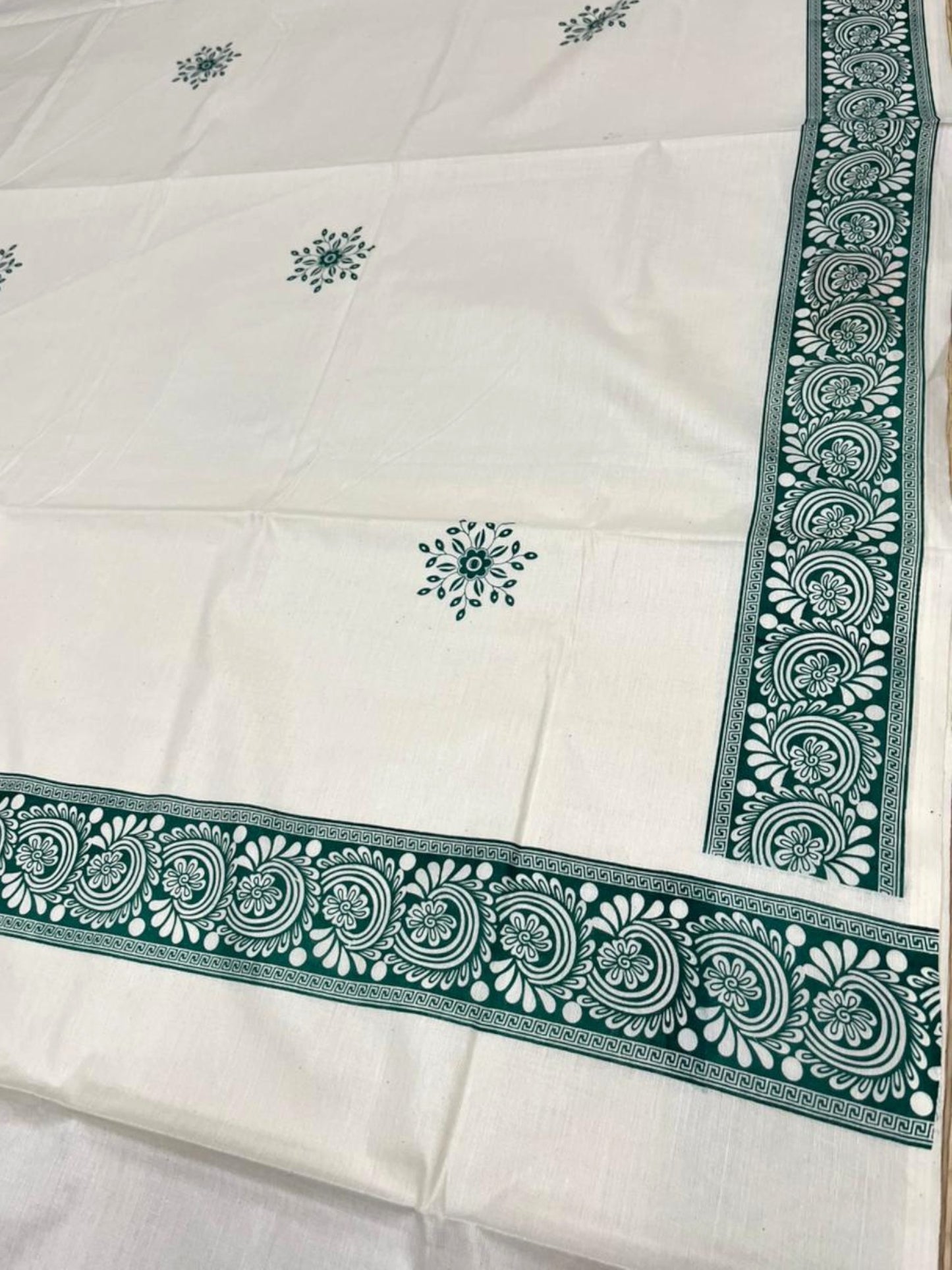 Southloom Kerala Cotton Saree with With Floral Digital Prints on Body and Borders in Green SL475