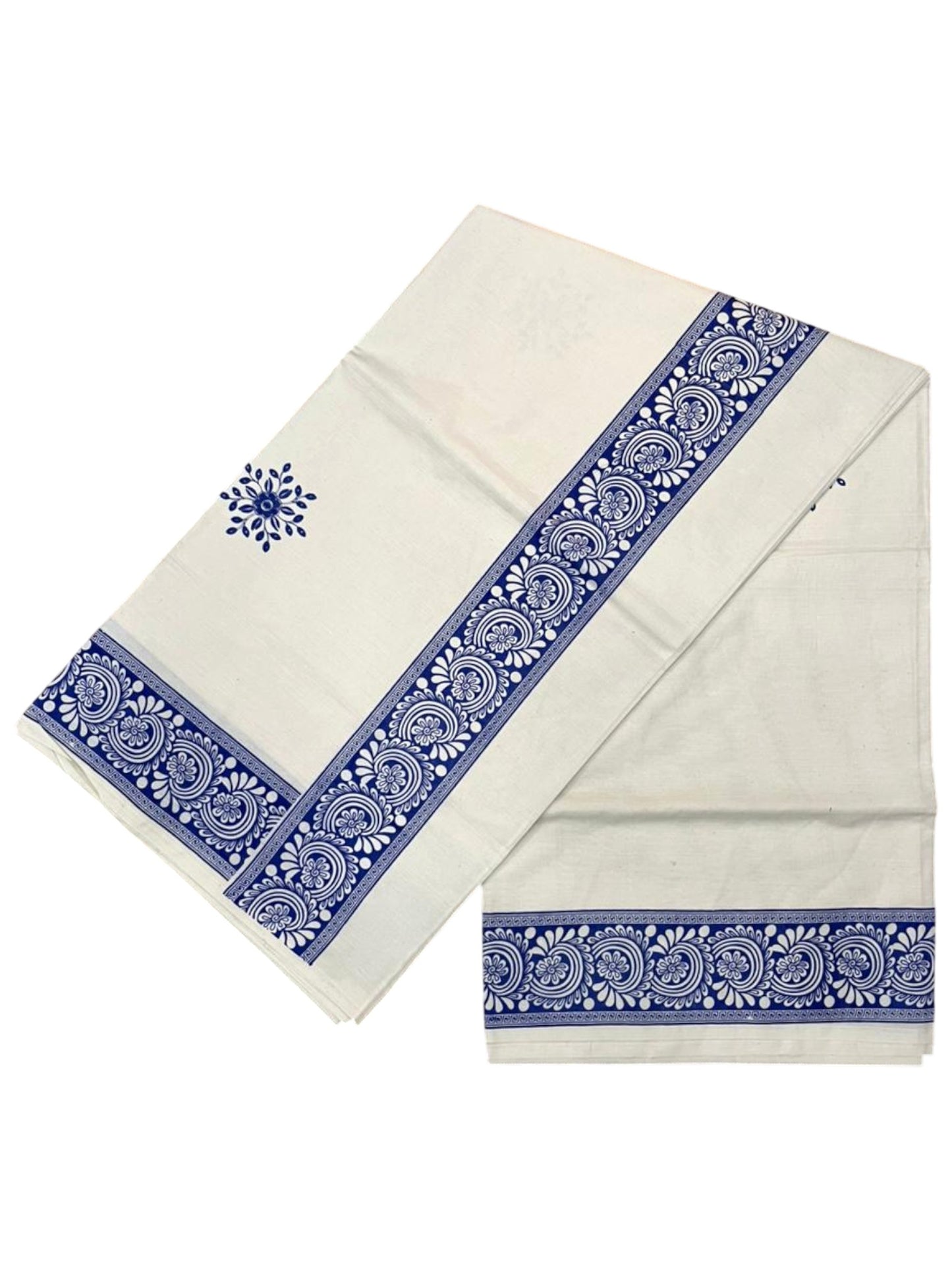 Southloom Kerala Cotton Saree with With Floral Digital Prints on Body and Borders in Blue SL475