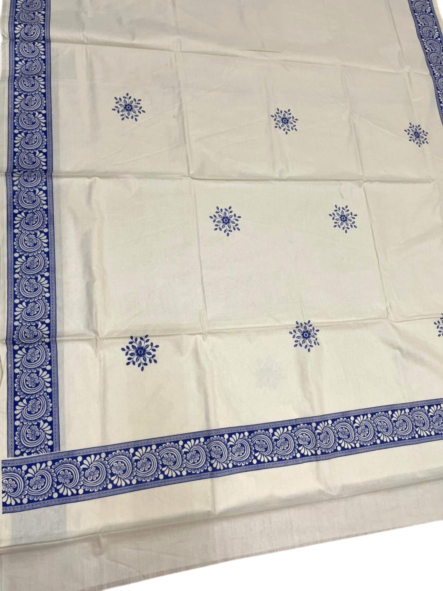 Southloom Kerala Cotton Saree with With Floral Digital Prints on Body and Borders in Blue SL475