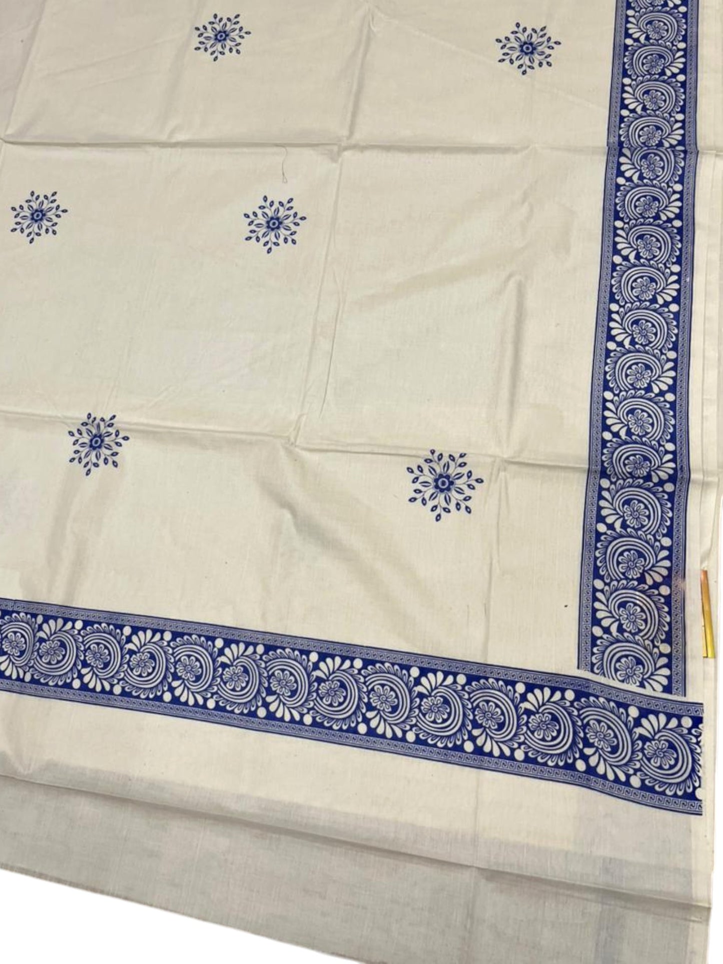 Southloom Kerala Cotton Saree with With Floral Digital Prints on Body and Borders in Blue SL475