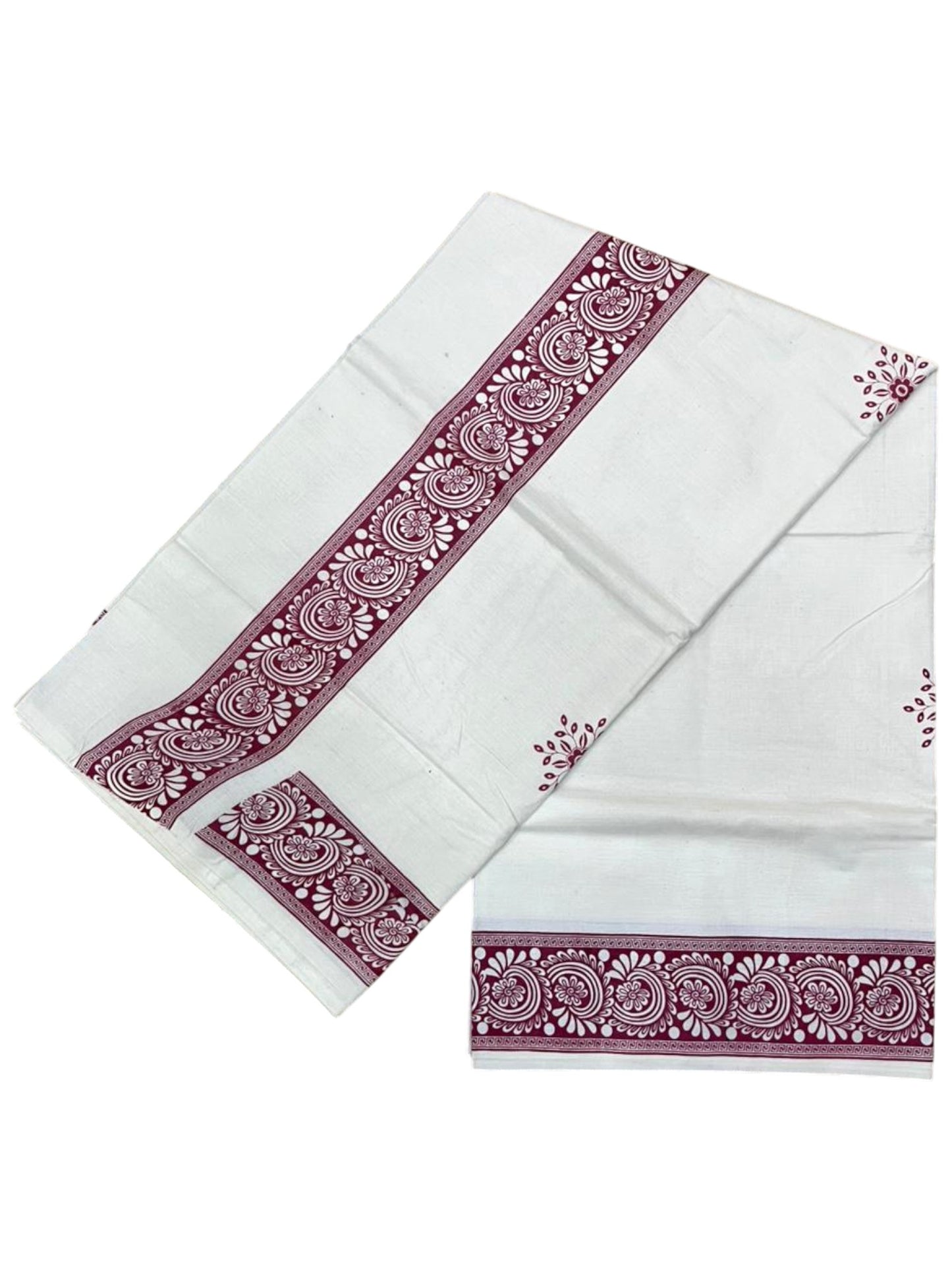 Southloom Kerala Cotton Saree with With Floral Digital Prints on Body and Borders in Magenta SL475
