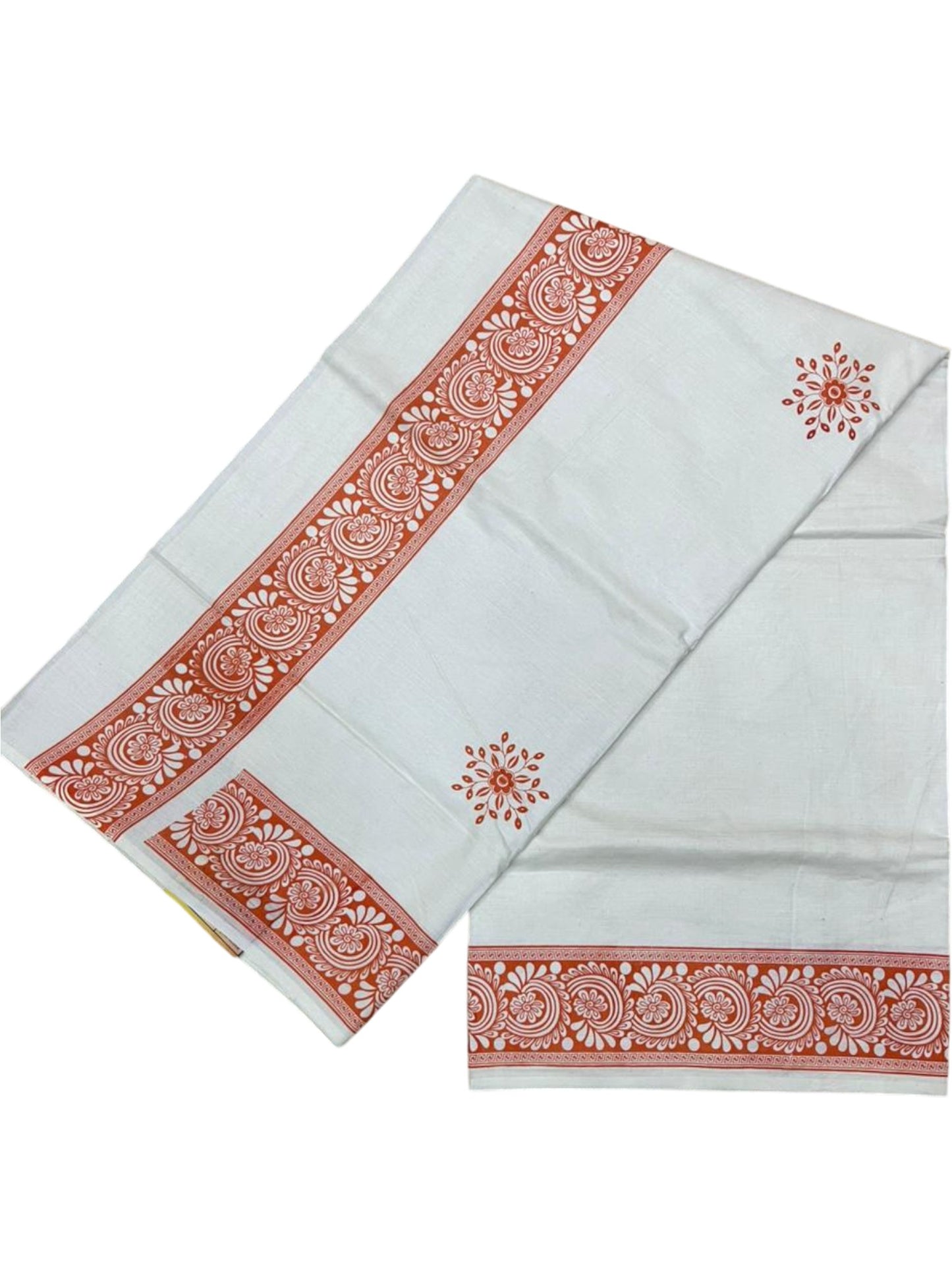 Southloom Kerala Cotton Saree with With Floral Digital Prints on Body and Borders in Orange SL475