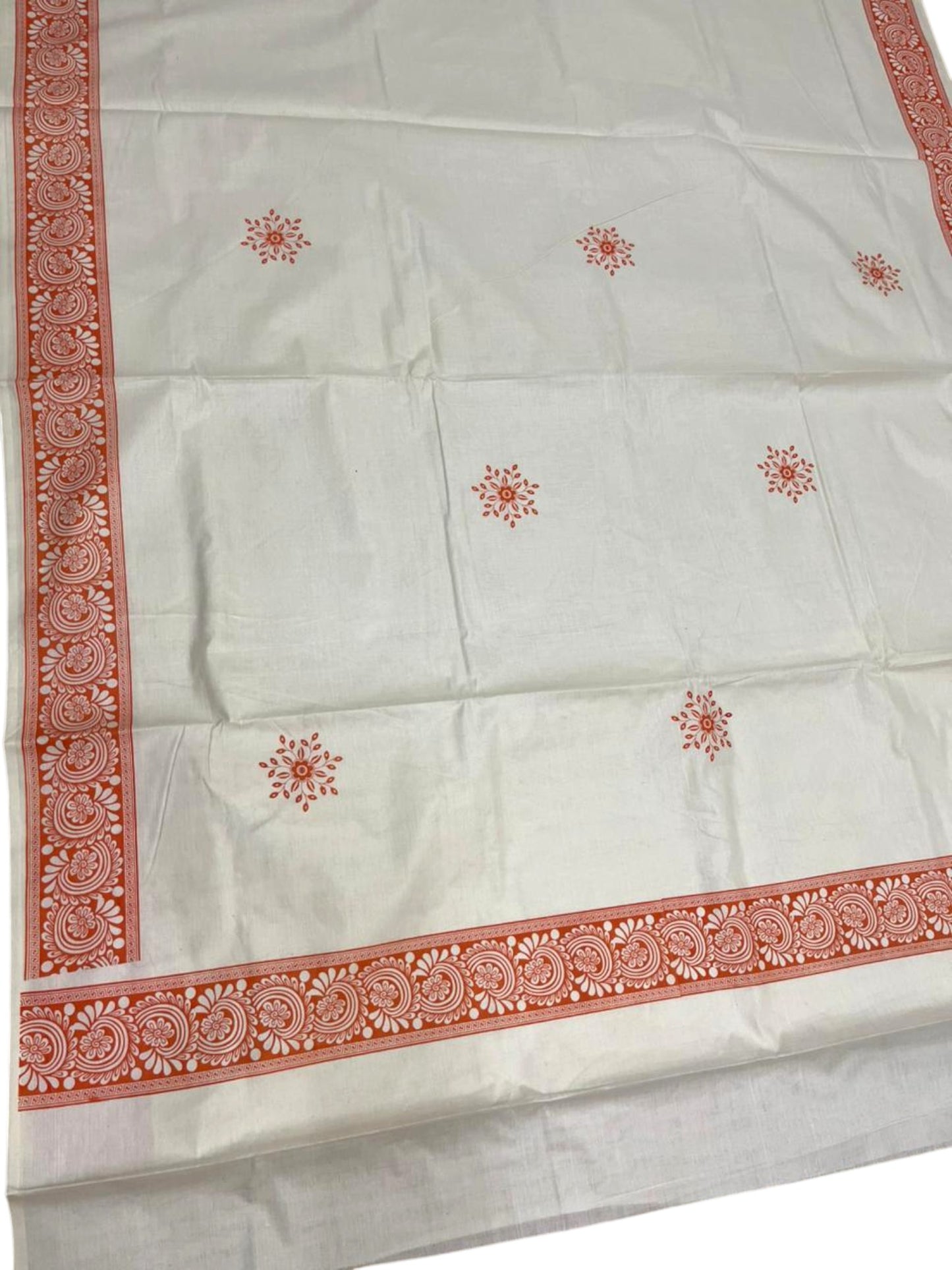 Southloom Kerala Cotton Saree with With Floral Digital Prints on Body and Borders in Orange SL475