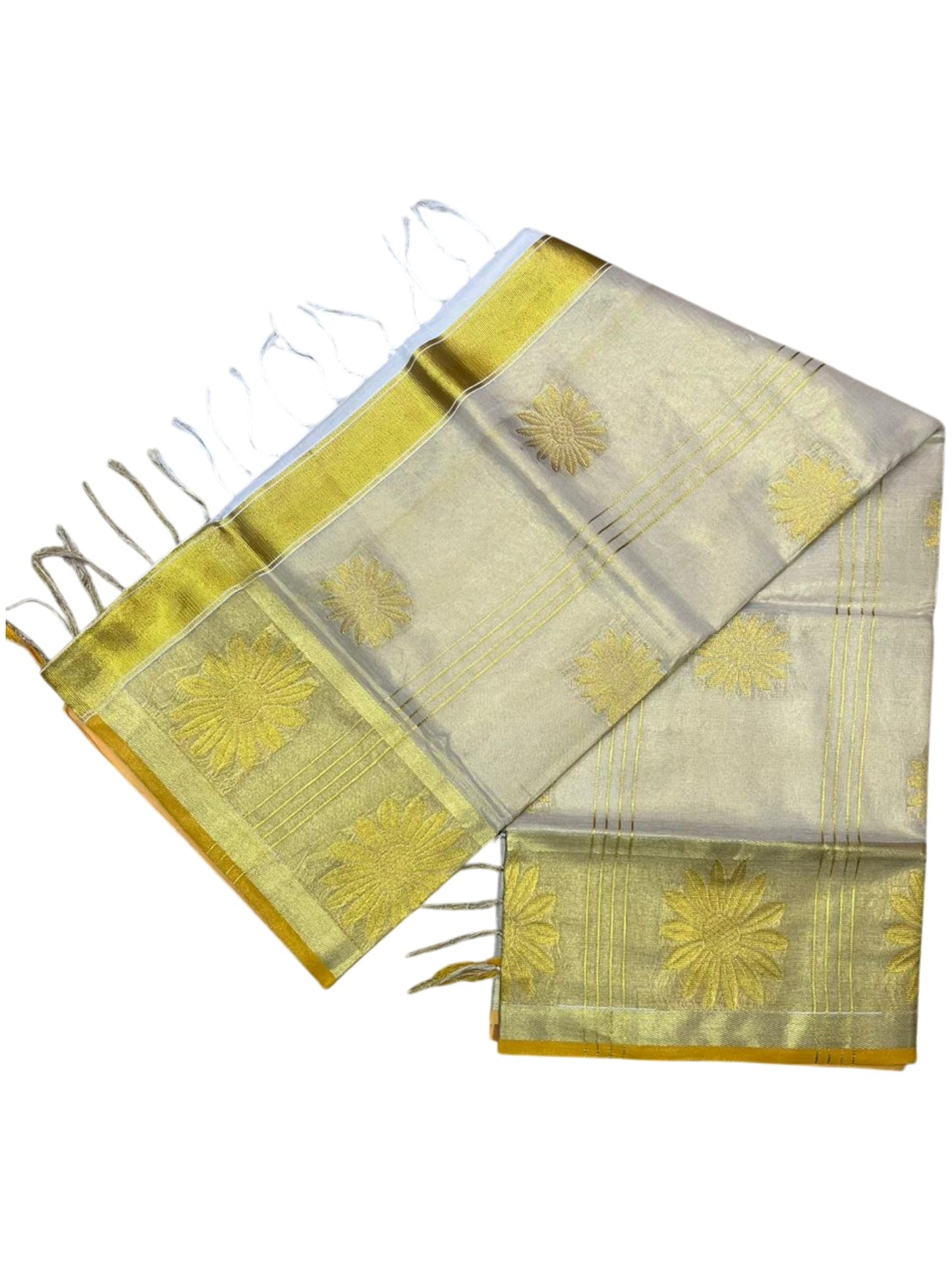 Southloom Pure Cotton Kerala Kasavu Heavy Work Saree with Paisley Floral Woven Design on Body and Borders SL479
