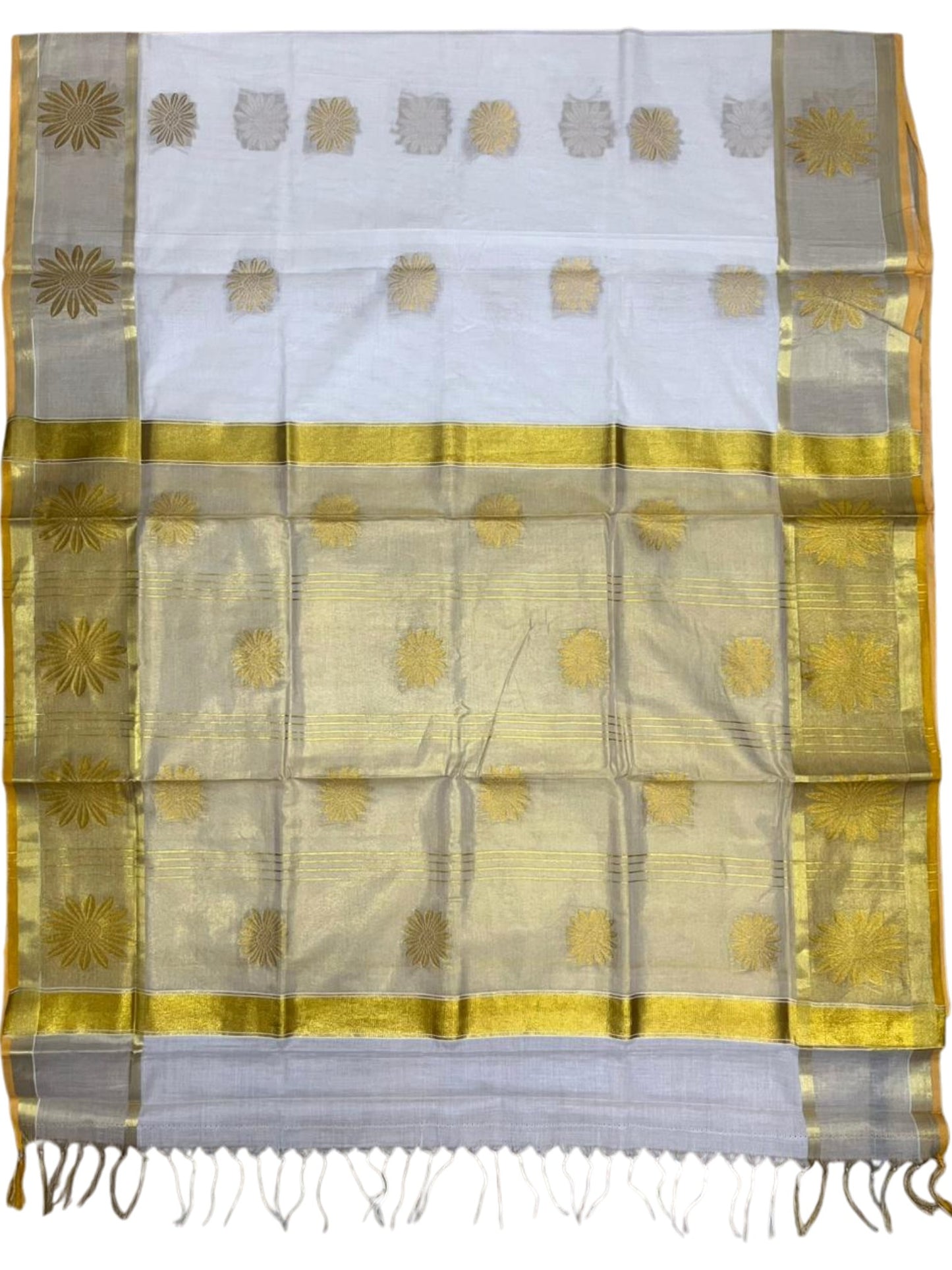Southloom Pure Cotton Kerala Kasavu Heavy Work Saree with Paisley Floral Woven Design on Body and Borders SL479