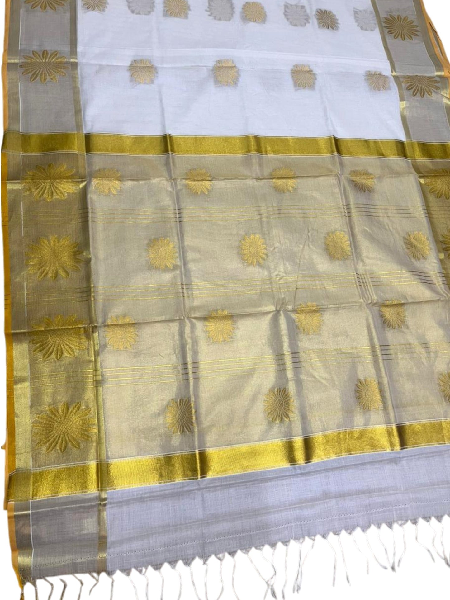 Southloom Pure Cotton Kerala Kasavu Heavy Work Saree with Paisley Floral Woven Design on Body and Borders SL479