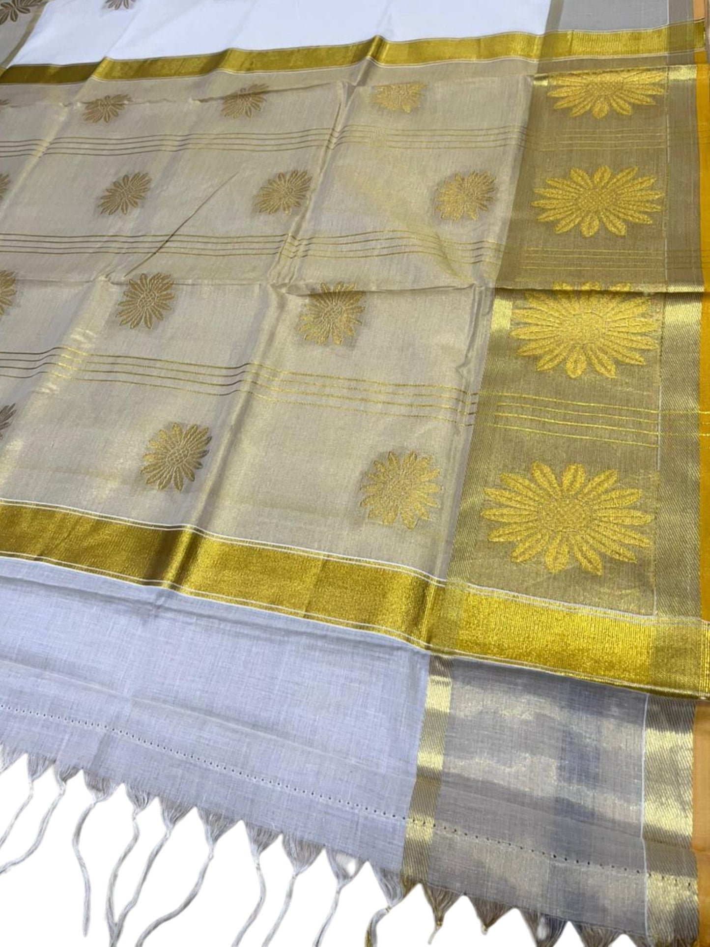 Southloom Pure Cotton Kerala Kasavu Heavy Work Saree with Paisley Floral Woven Design on Body and Borders SL479