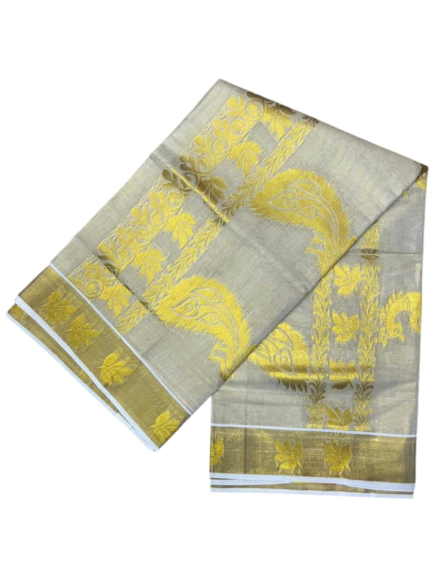 Southloom Tissue Kerala Kasavu Heavy Work Saree with Peacock and Leaf Woven Design on Body and Borders SL479