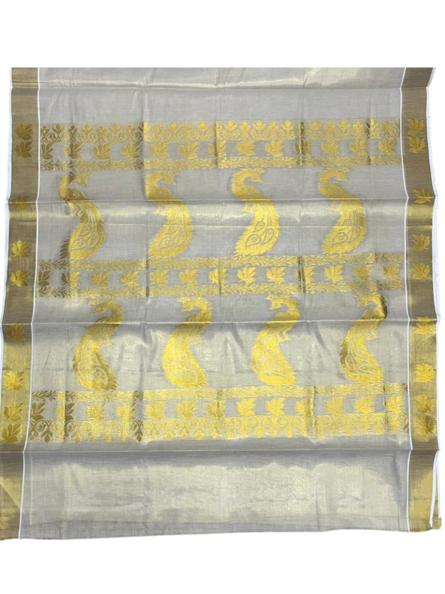 Southloom Tissue Kerala Kasavu Heavy Work Saree with Peacock and Leaf Woven Design on Body and Borders SL479