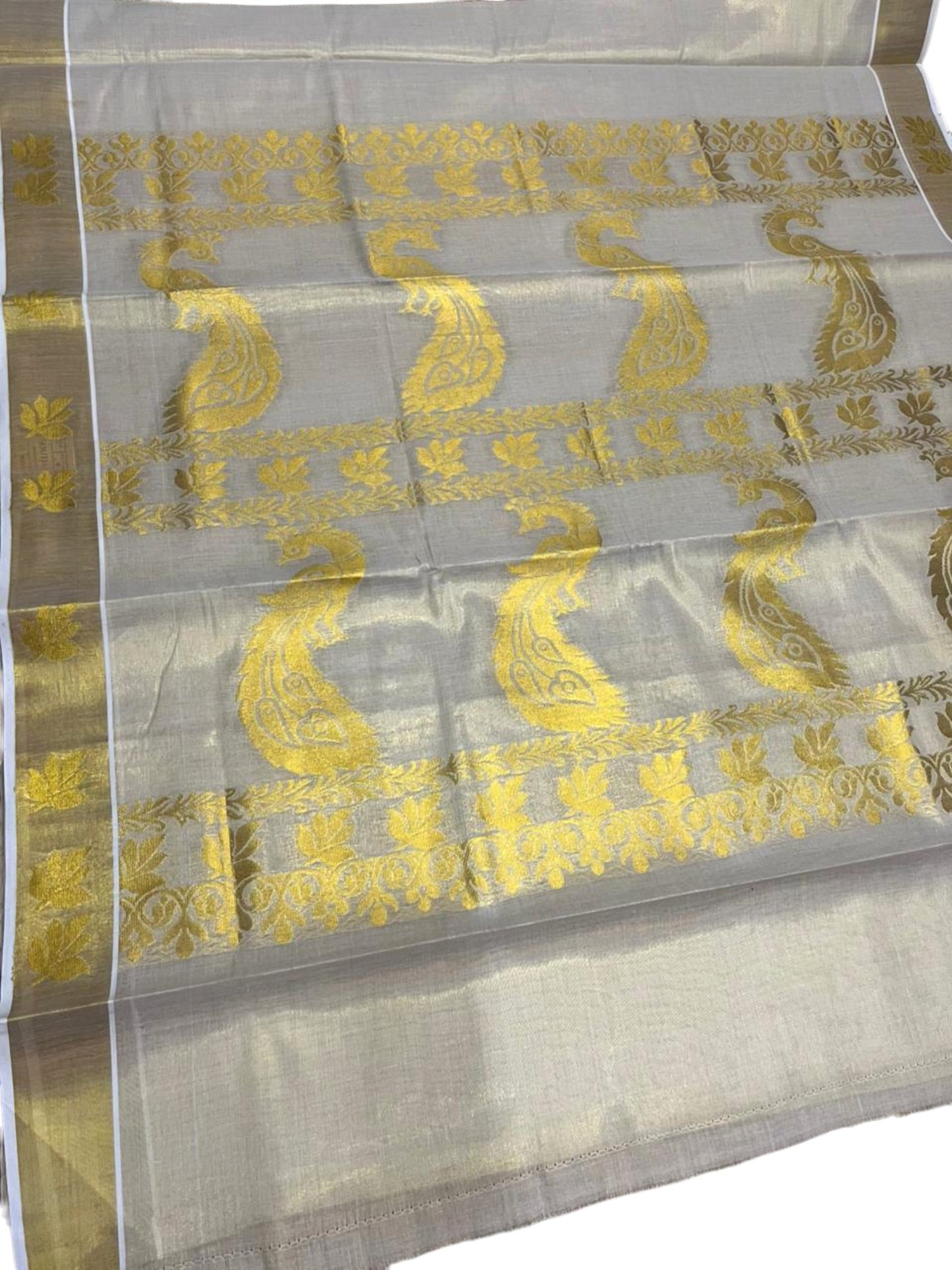 Southloom Tissue Kerala Kasavu Heavy Work Saree with Peacock and Leaf Woven Design on Body and Borders SL479