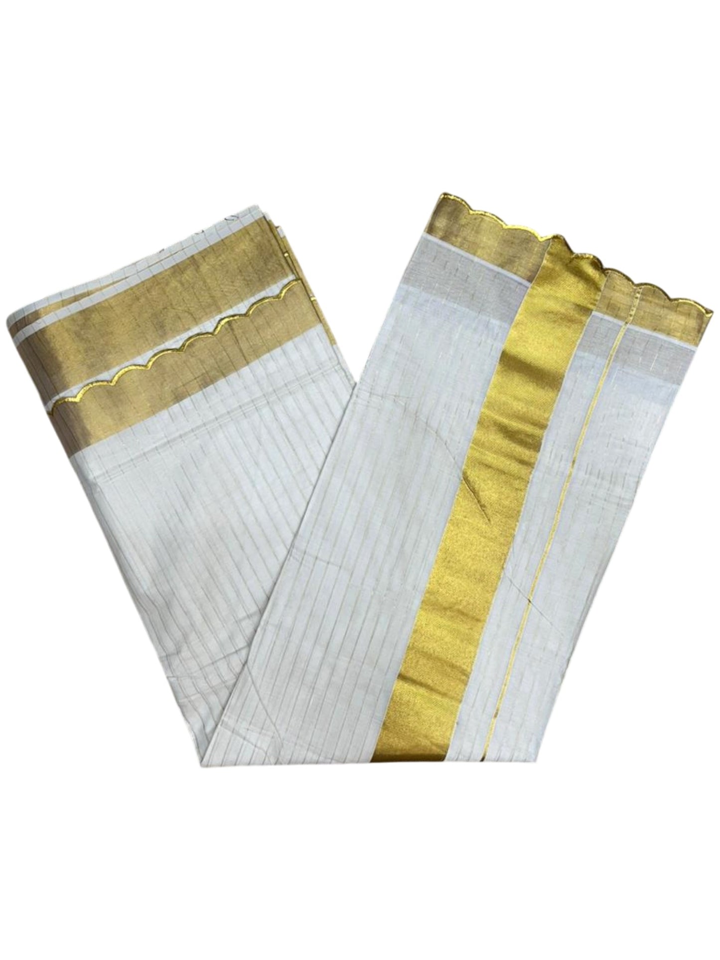 Southloom Pure Cotton Kerala Kasavu Saree with Stripes on Body and Scalloped Border SL484
