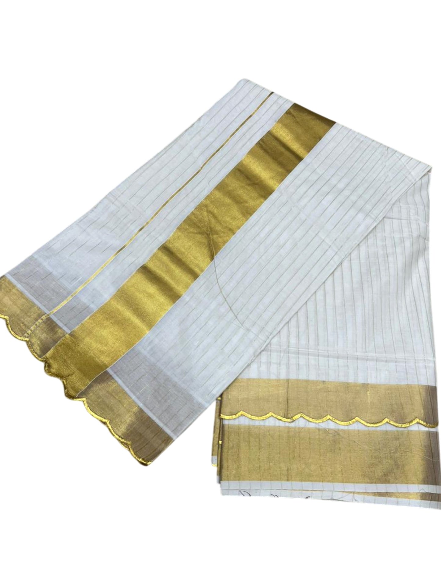 Southloom Pure Cotton Kerala Kasavu Saree with Stripes on Body and Scalloped Border SL484