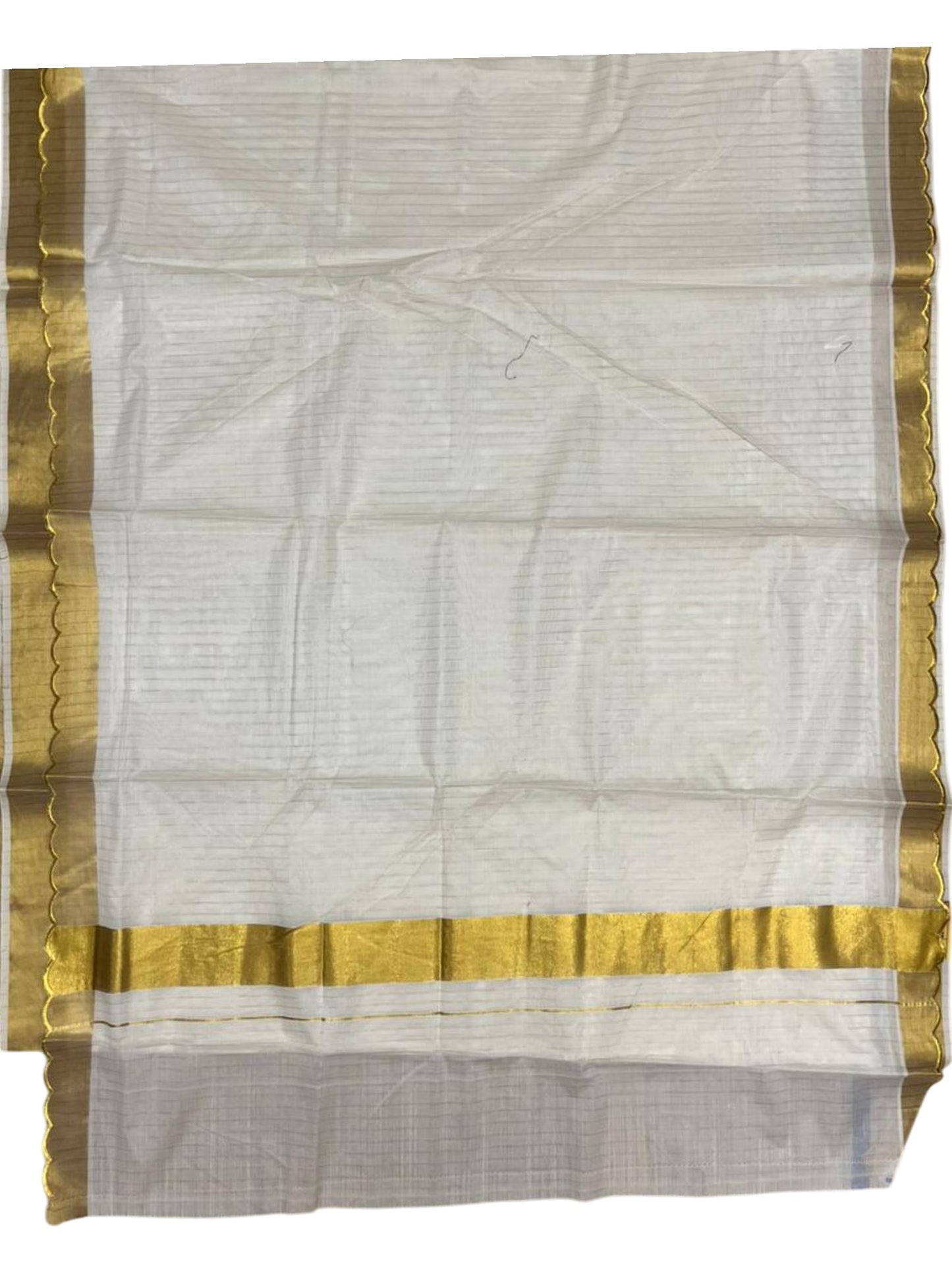 Southloom Pure Cotton Kerala Kasavu Saree with Stripes on Body and Scalloped Border SL484