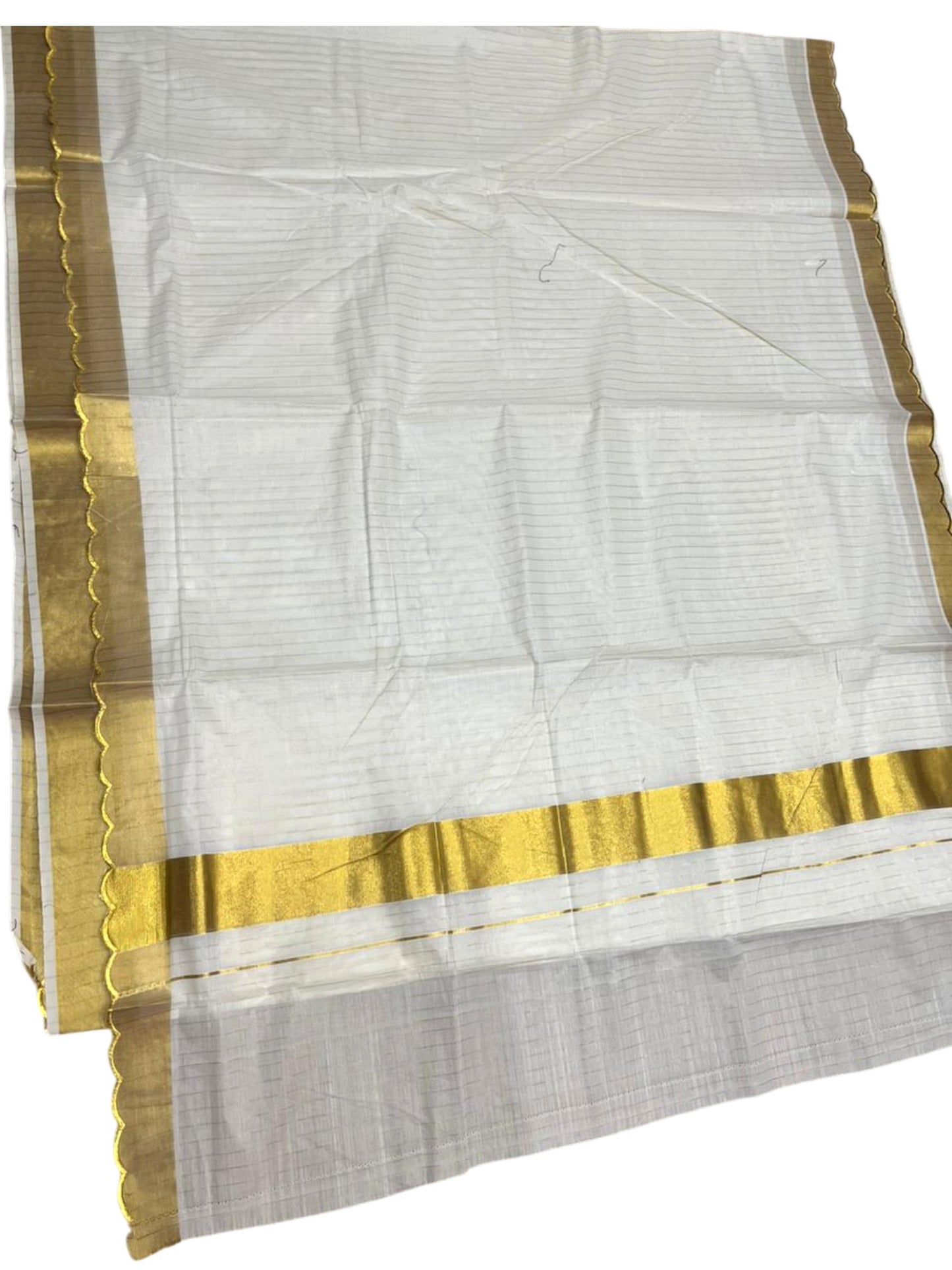 Southloom Pure Cotton Kerala Kasavu Saree with Stripes on Body and Scalloped Border SL484