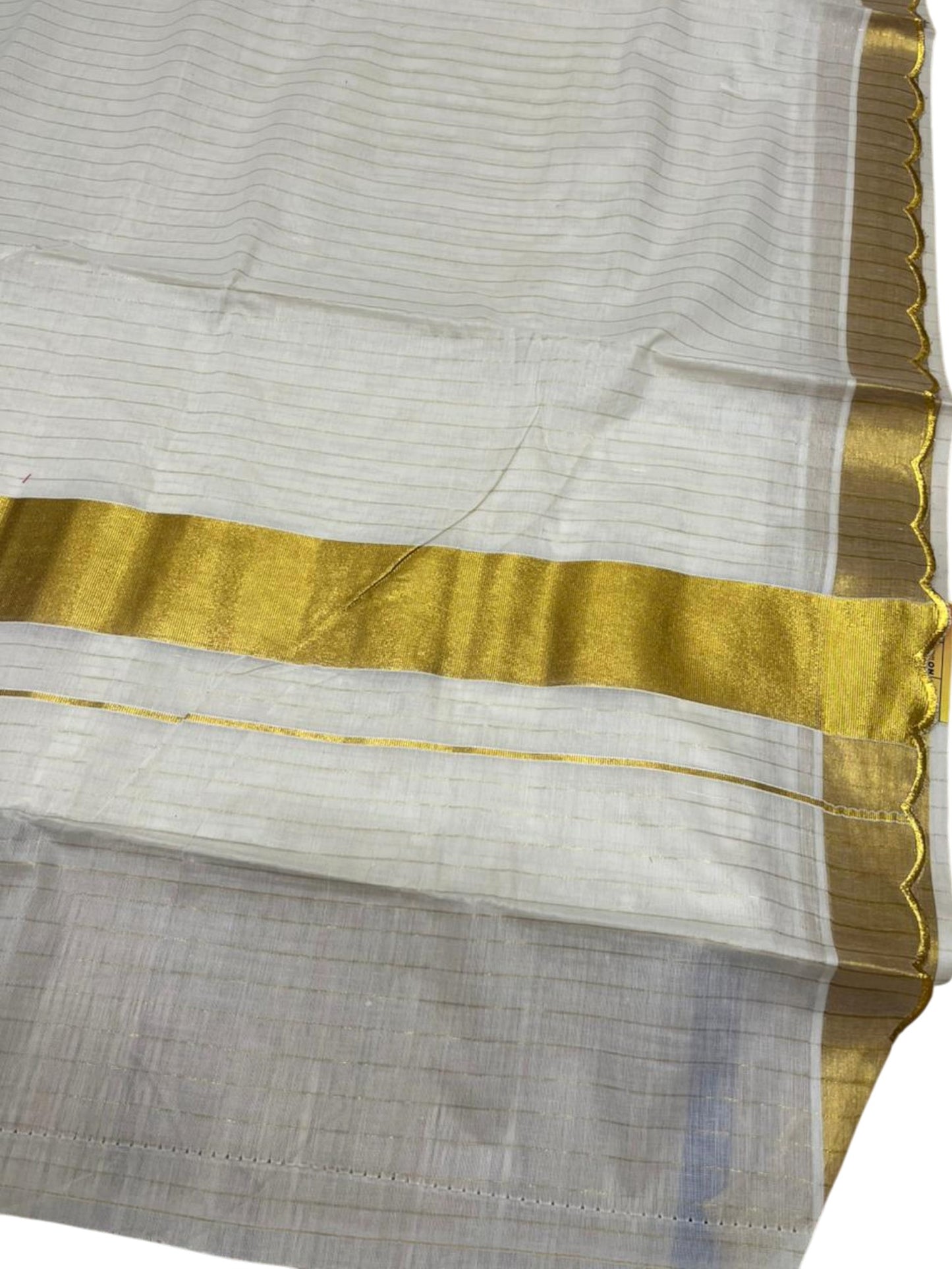 Southloom Pure Cotton Kerala Kasavu Saree with Stripes on Body and Scalloped Border SL484