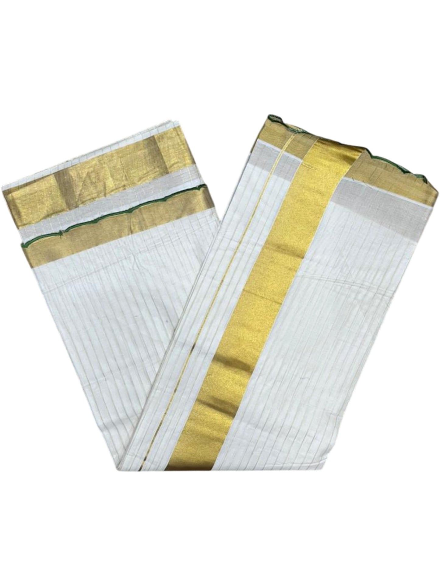 Southloom Pure Cotton Kerala Kasavu Saree with Stripes on Body and Scalloped Border in Olive Green SL484