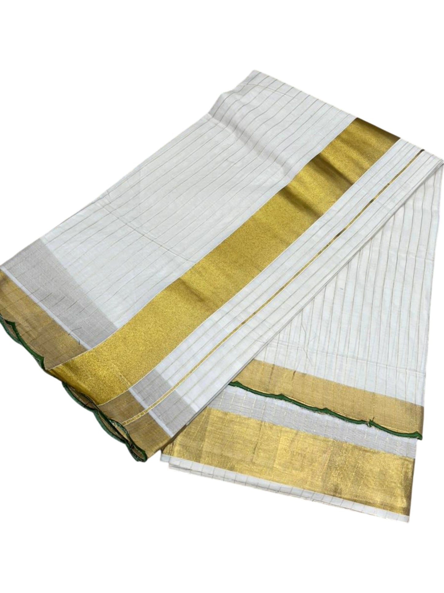 Southloom Pure Cotton Kerala Kasavu Saree with Stripes on Body and Scalloped Border in Olive Green SL484