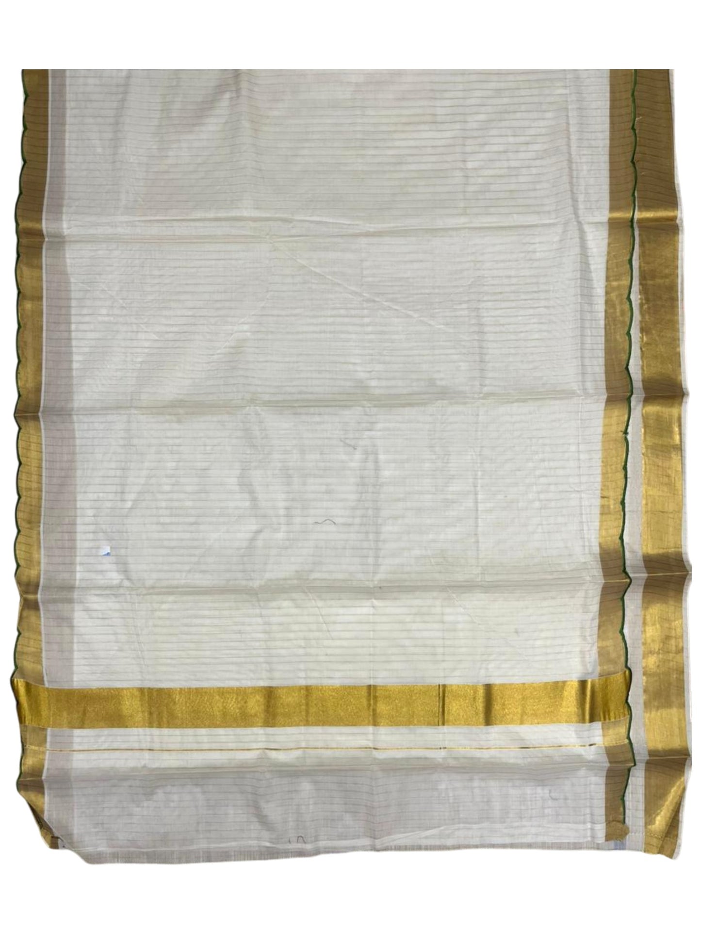 Southloom Pure Cotton Kerala Kasavu Saree with Stripes on Body and Scalloped Border in Olive Green SL484