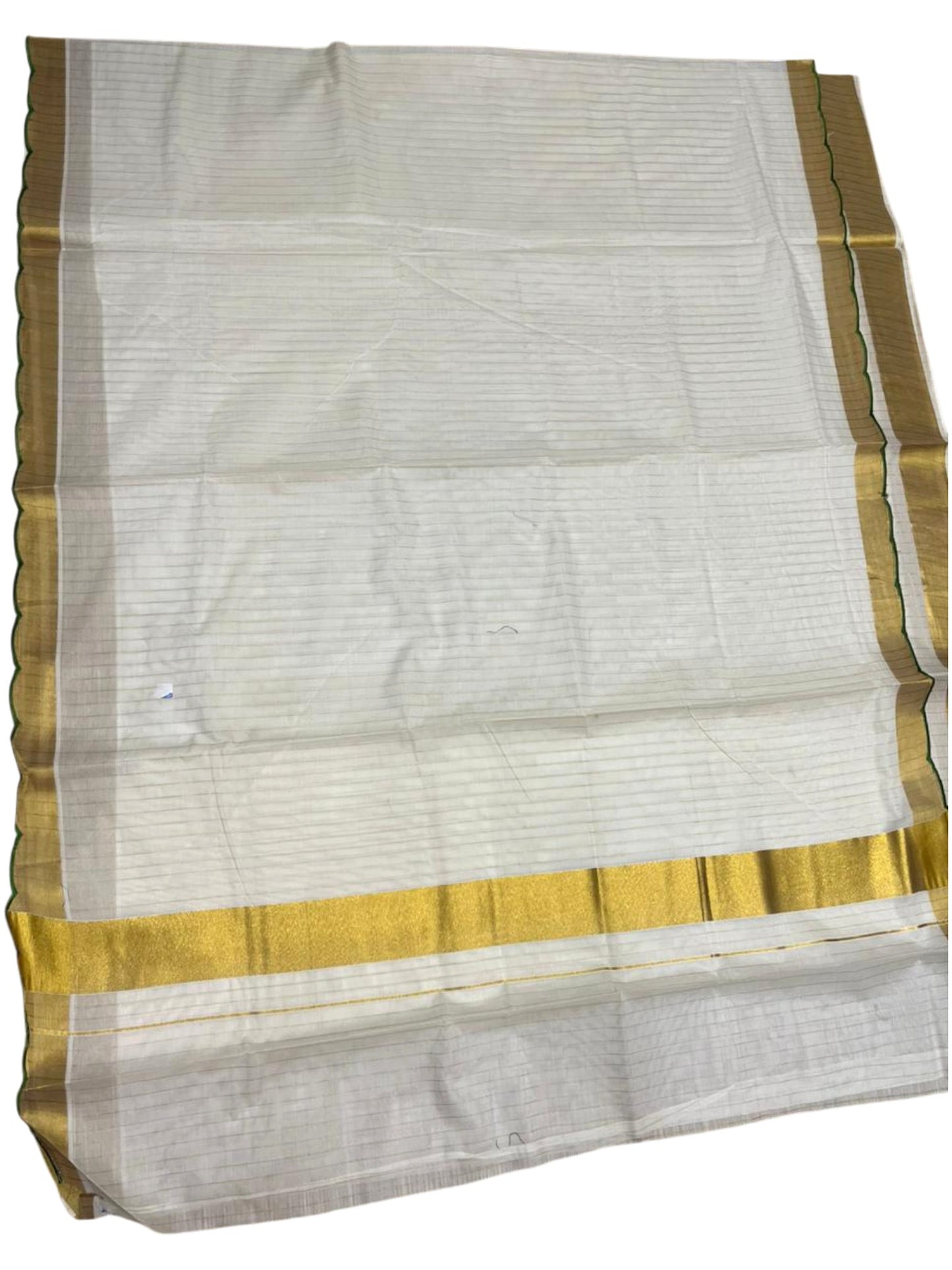 Southloom Pure Cotton Kerala Kasavu Saree with Stripes on Body and Scalloped Border in Olive Green SL484