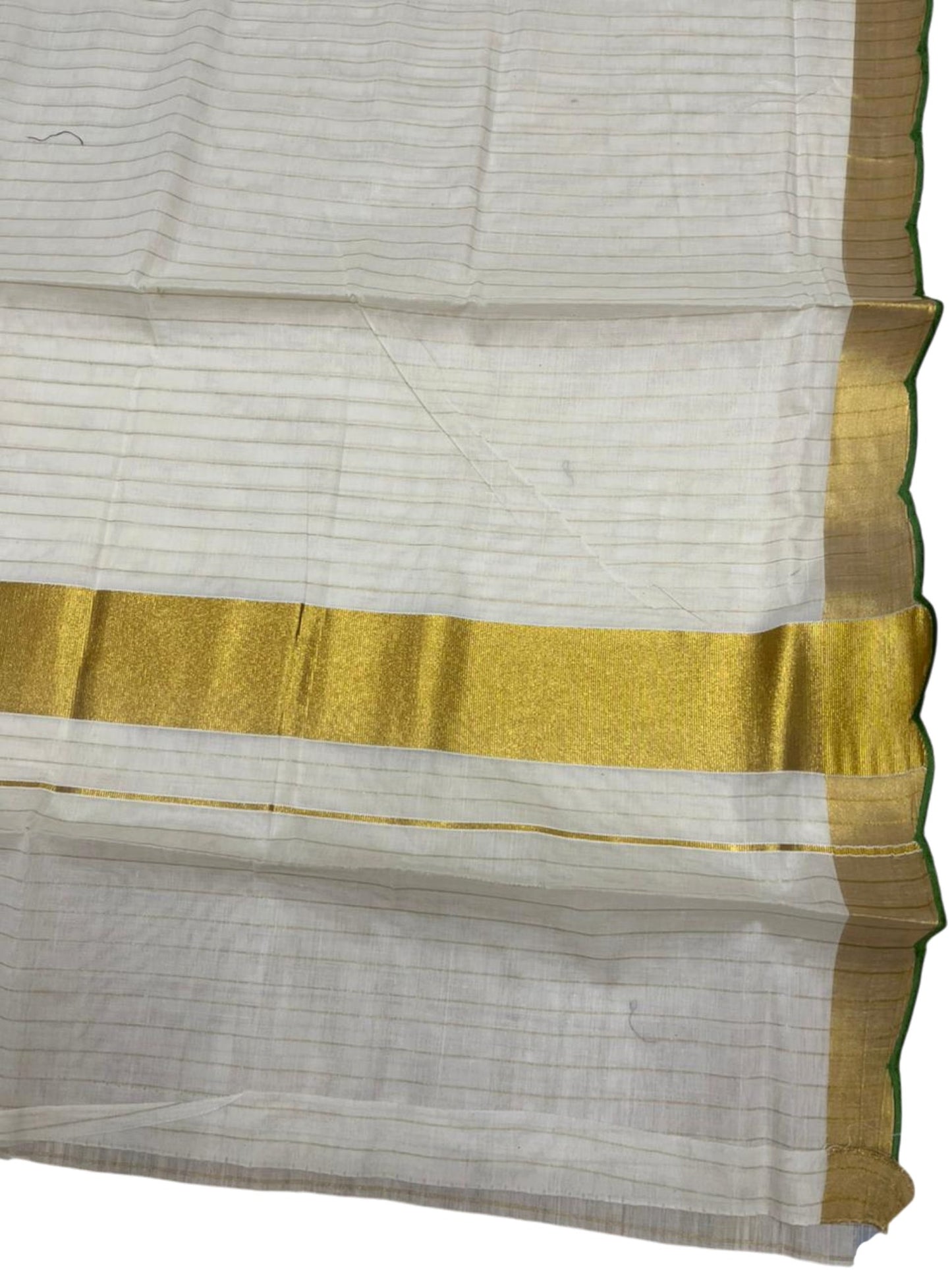 Southloom Pure Cotton Kerala Kasavu Saree with Stripes on Body and Scalloped Border in Olive Green SL484