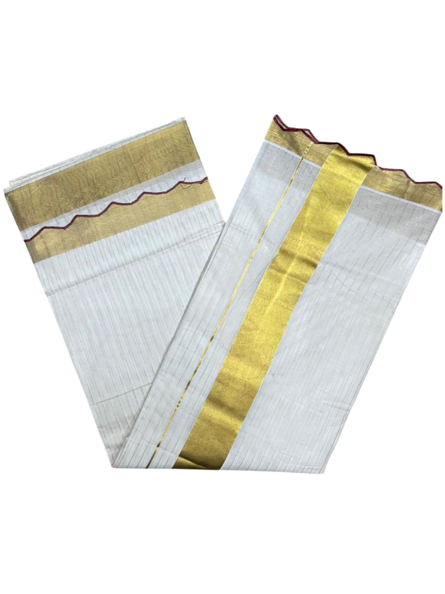 Southloom Pure Cotton Kerala Kasavu Saree with Stripes on Body and Scalloped Border in Maroon SL484