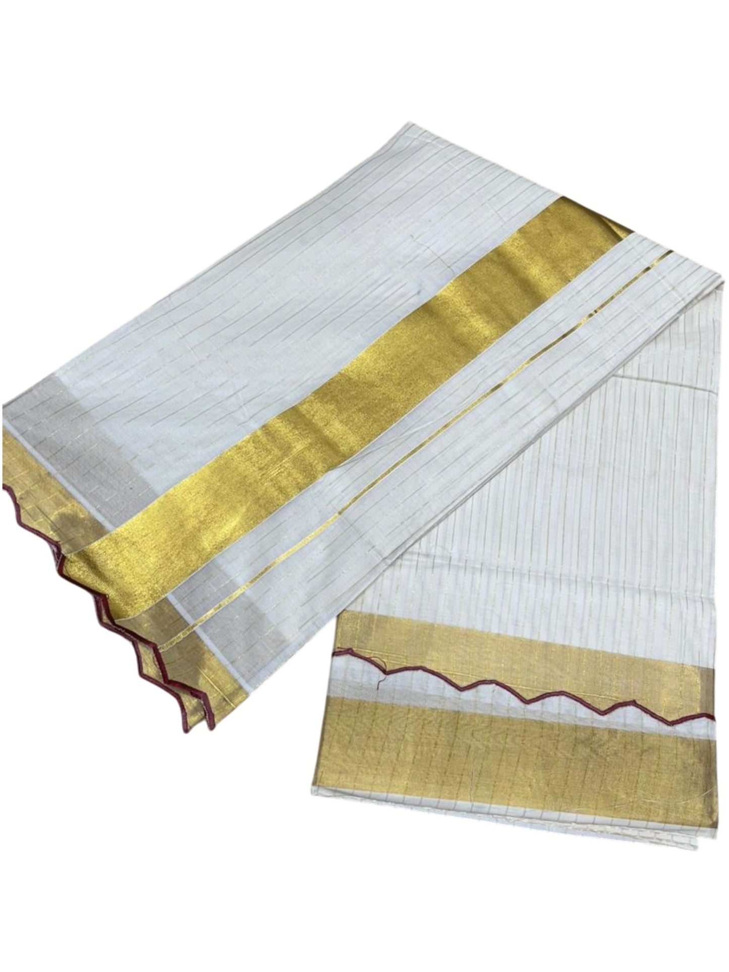 Southloom Pure Cotton Kerala Kasavu Saree with Stripes on Body and Scalloped Border in Maroon SL484