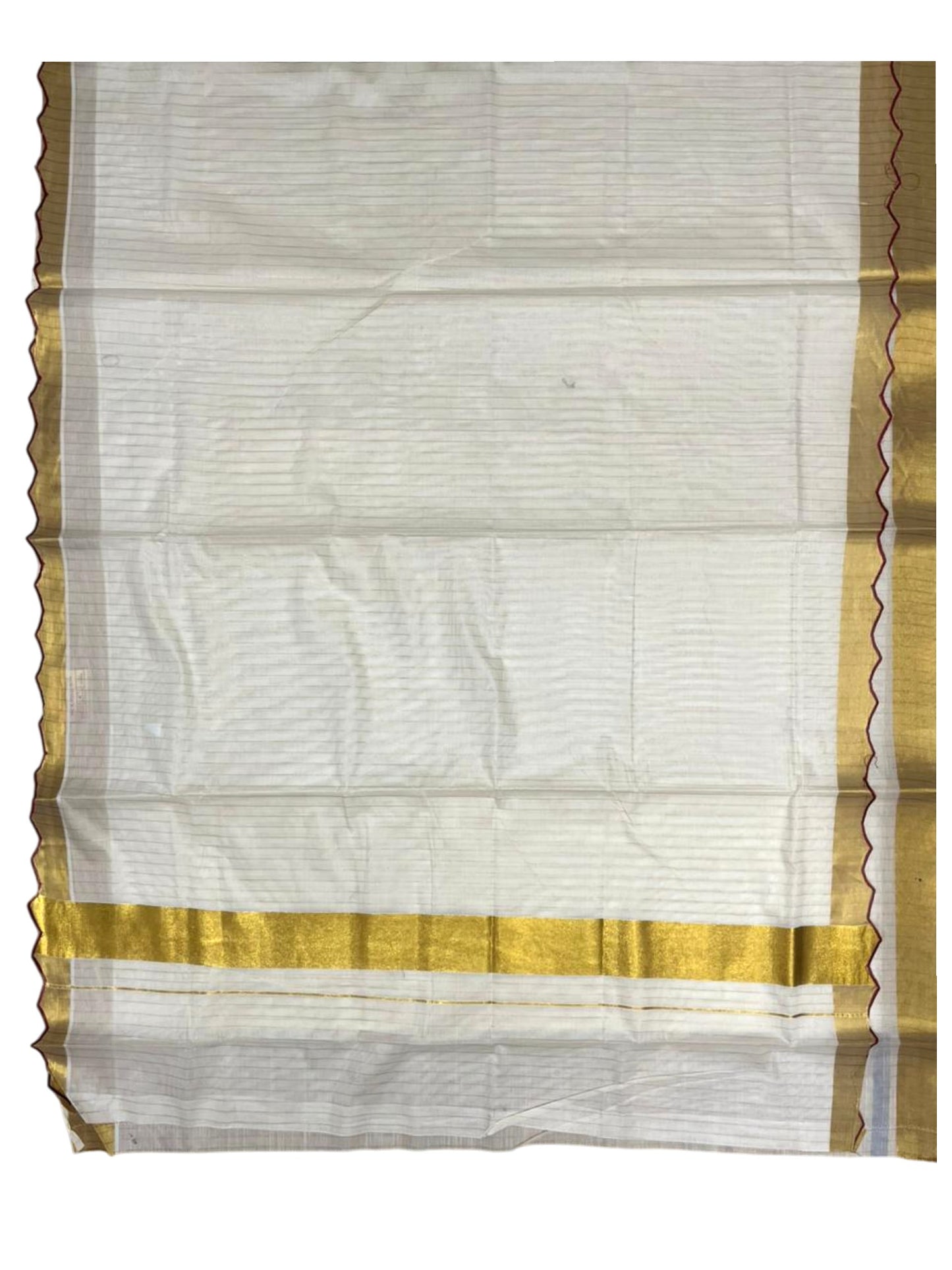 Southloom Pure Cotton Kerala Kasavu Saree with Stripes on Body and Scalloped Border in Maroon SL484