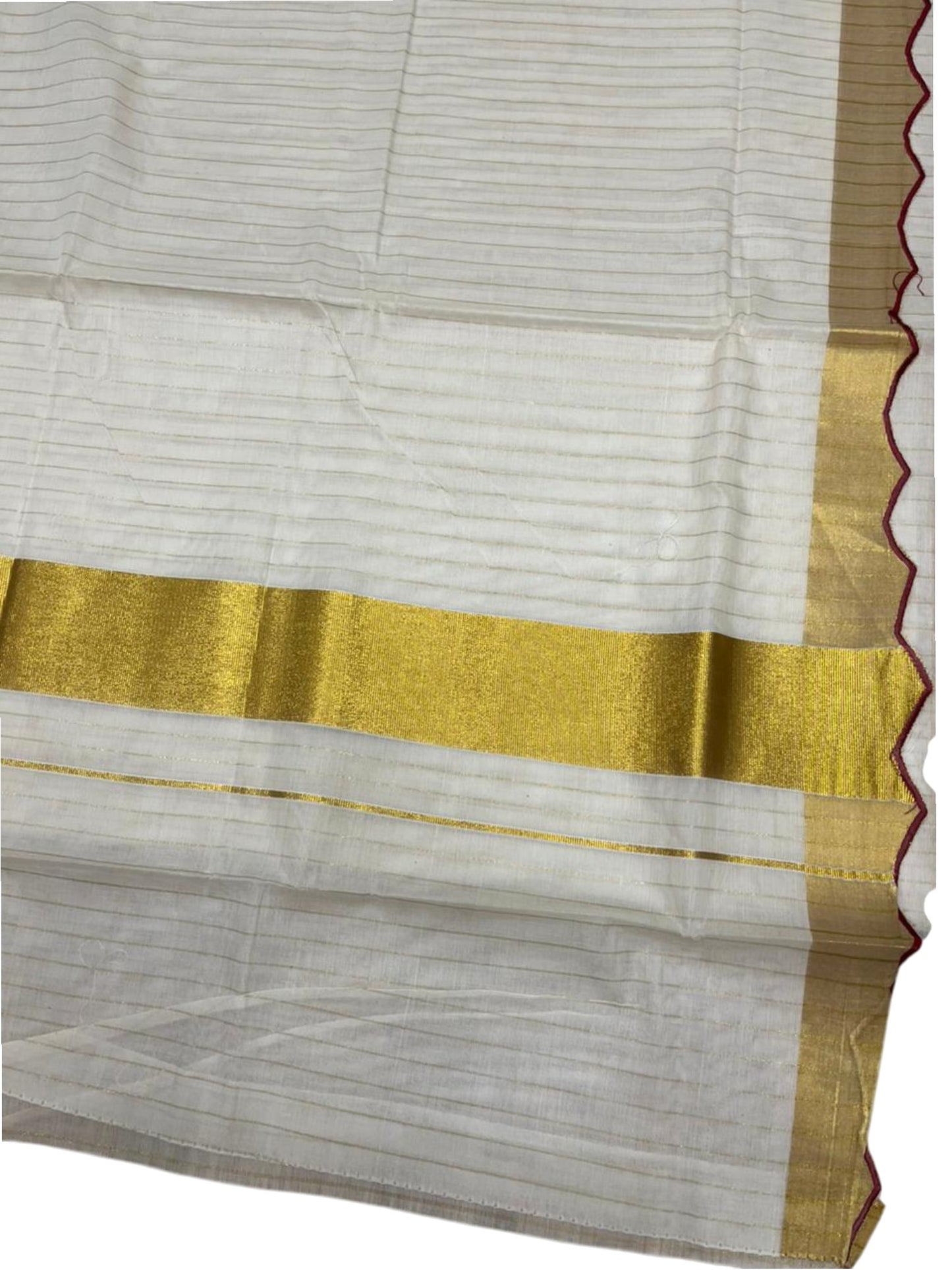 Southloom Pure Cotton Kerala Kasavu Saree with Stripes on Body and Scalloped Border in Maroon SL484