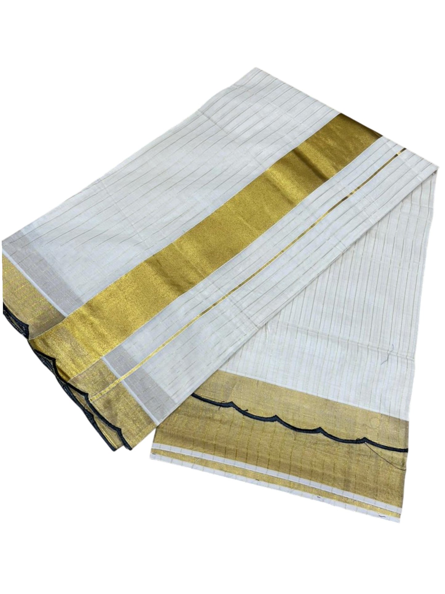 Southloom Pure Cotton Kerala Kasavu Saree with Stripes on Body and Scalloped Border in Black SL484