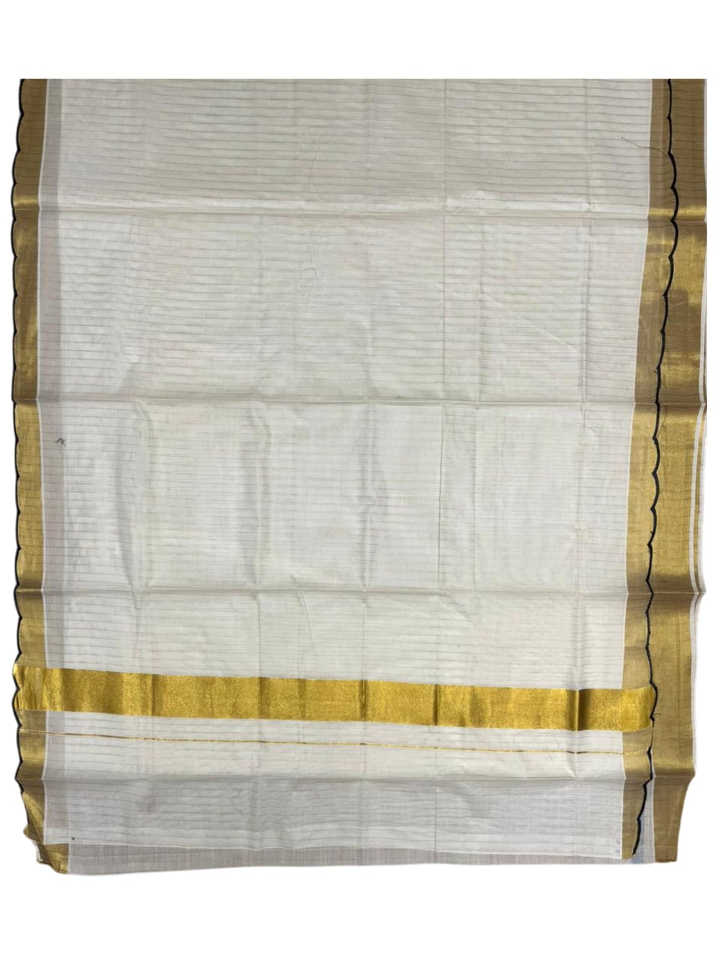 Southloom Pure Cotton Kerala Kasavu Saree with Stripes on Body and Scalloped Border in Black SL484