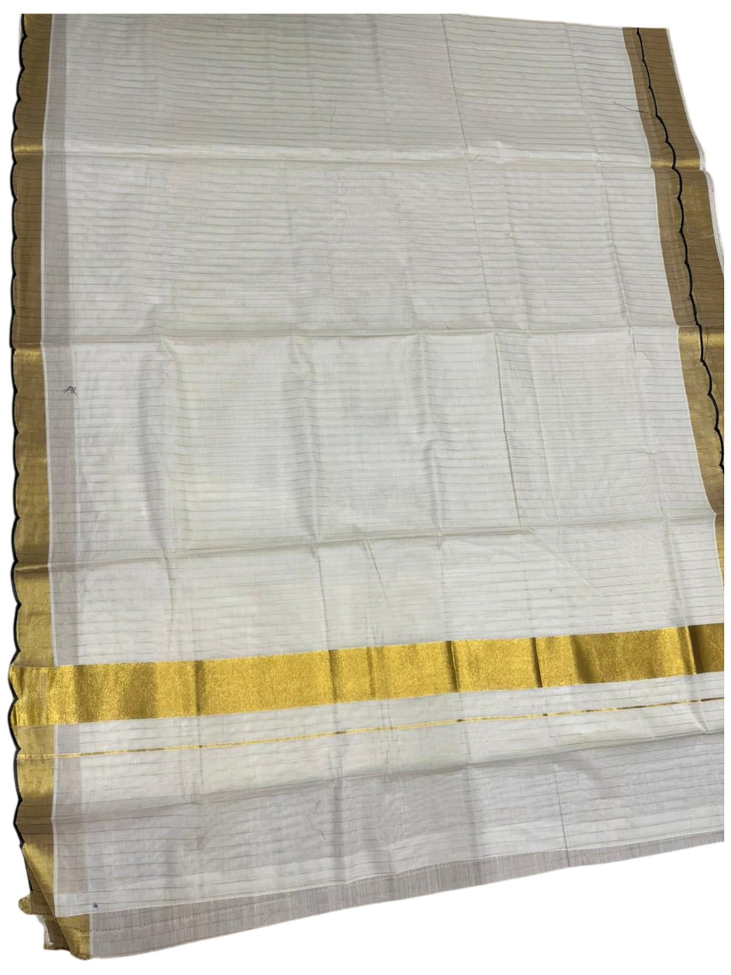 Southloom Pure Cotton Kerala Kasavu Saree with Stripes on Body and Scalloped Border in Black SL484