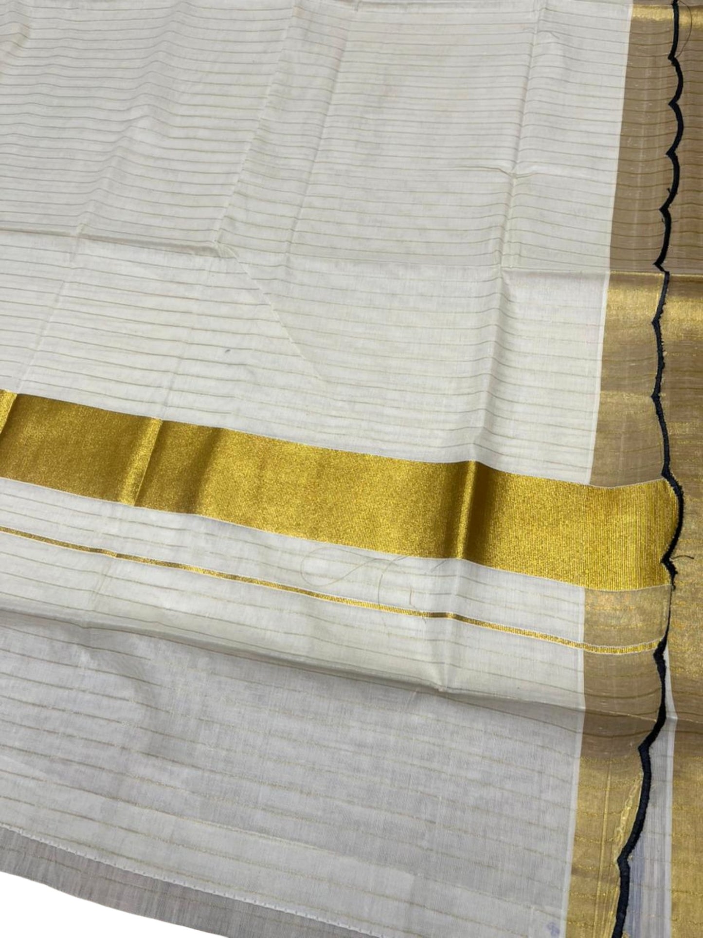 Southloom Pure Cotton Kerala Kasavu Saree with Stripes on Body and Scalloped Border in Black SL484