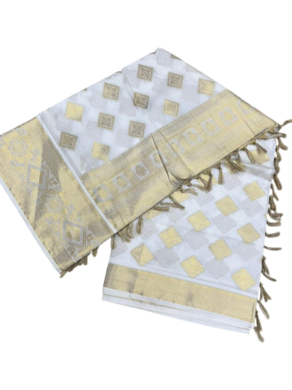 Southloom Pure Cotton Kerala Kasavu Heavy Work Saree with Floral Woven Design on Body and Temple Border SL485