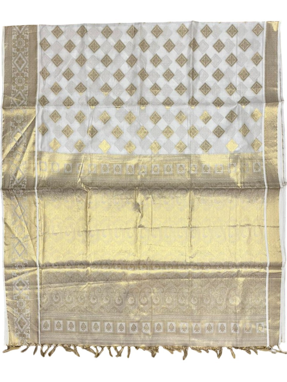 Southloom Pure Cotton Kerala Kasavu Heavy Work Saree with Floral Woven Design on Body and Temple Border SL485