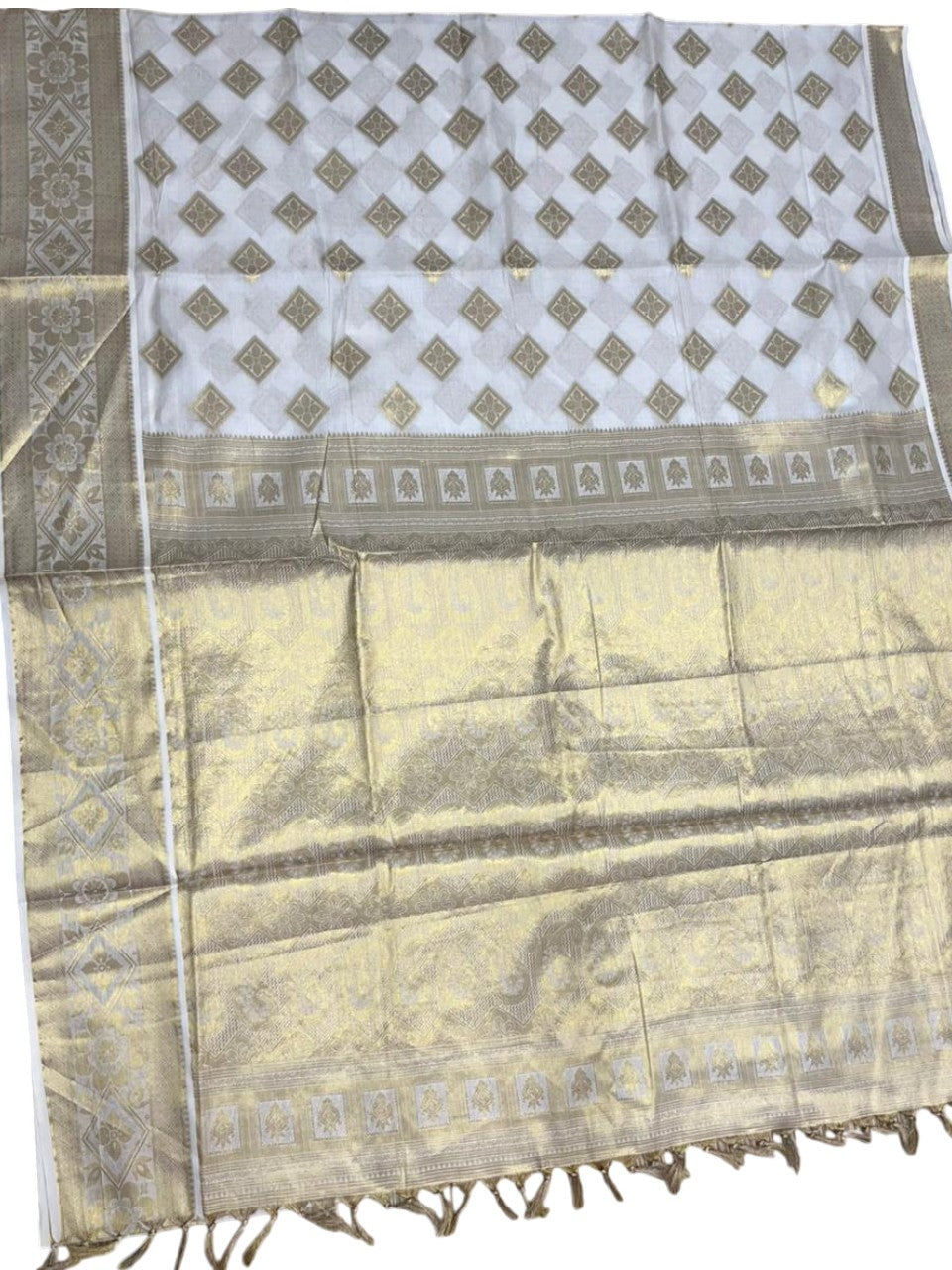 Southloom Pure Cotton Kerala Kasavu Heavy Work Saree with Floral Woven Design on Body and Temple Border SL485